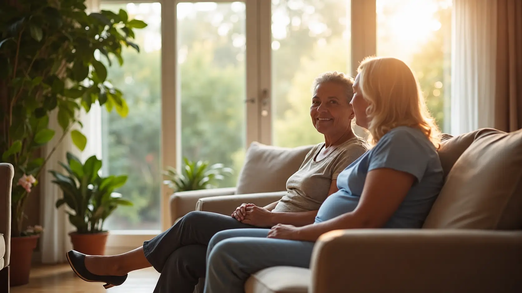 A pregnant woman and an older woman sit together on a comfortable sofa in a bright, sunlit living room, smiling and chatting. Large windows fill the space with warm natural light, while several green houseplants create a calm, welcoming atmosphere. Their hands rest naturally in their laps, conveying a sense of support, companionship, and quiet connection.