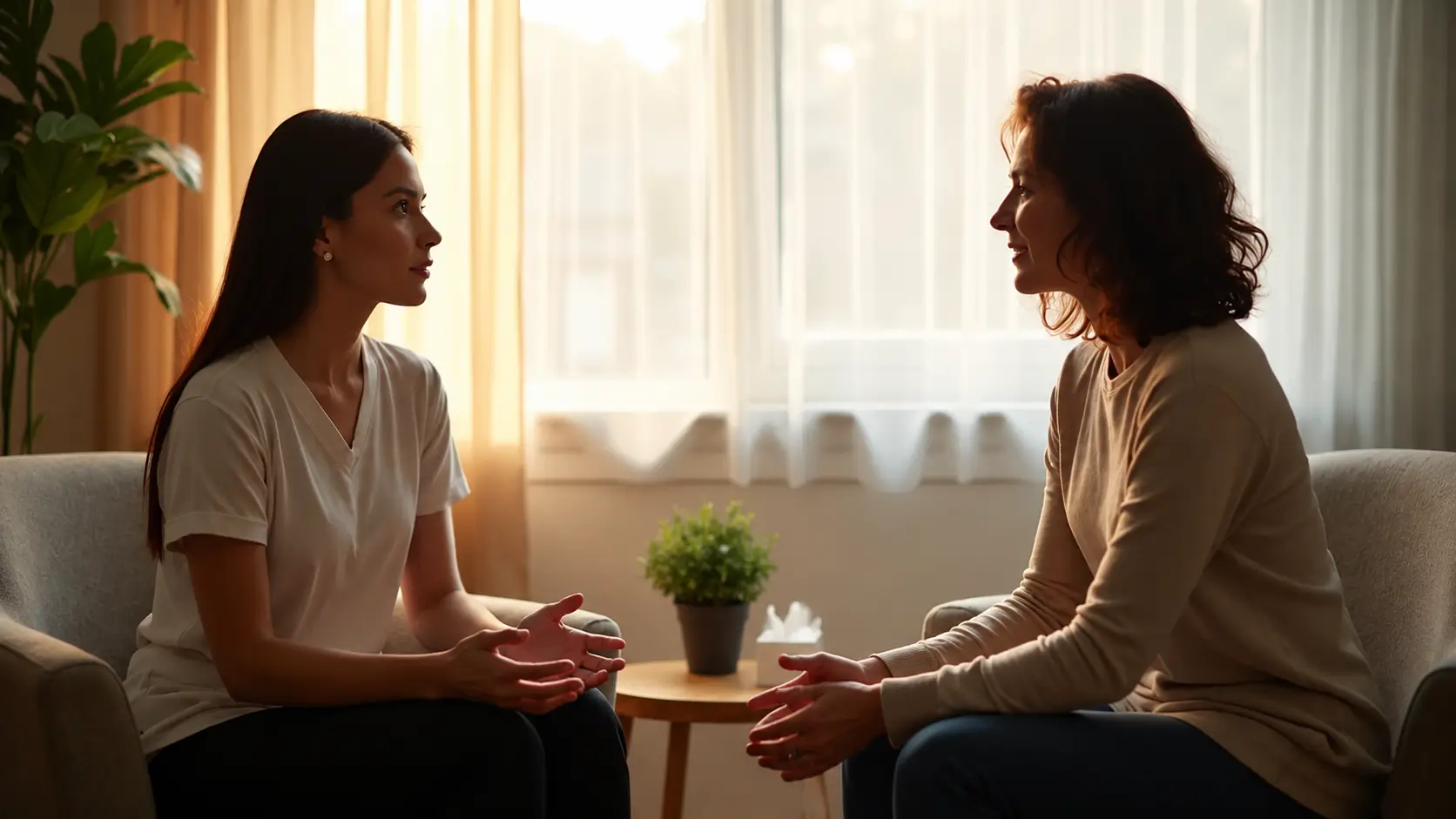Two women sit facing each other in comfortable armchairs during a one-on-one counseling session. Warm natural light filters through sheer curtains behind them, illuminating a small table with a plant and tissue box between the chairs. Both women maintain attentive postures and open hand gestures, creating a calm, supportive, and welcoming atmosphere for conversation.