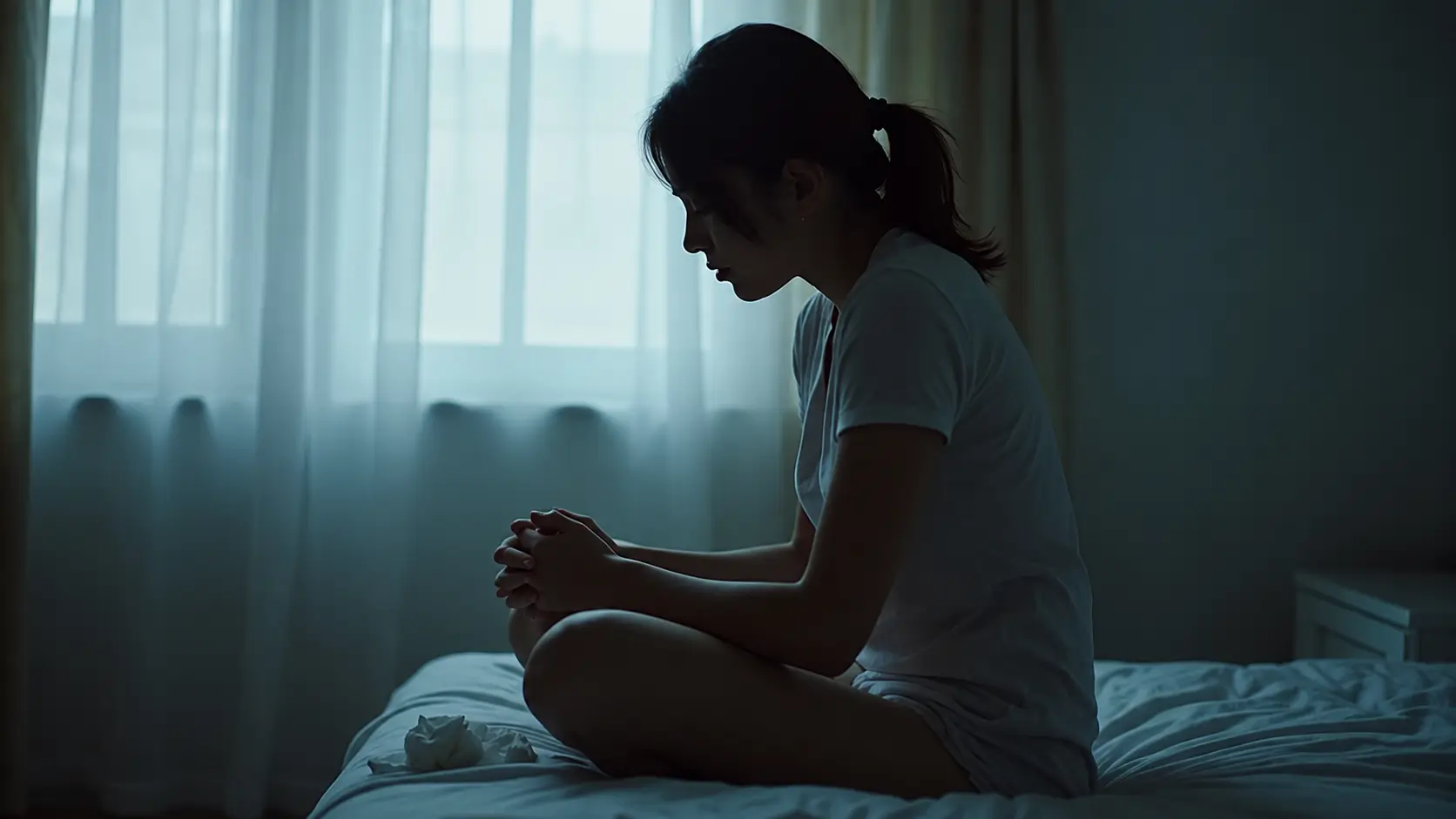 A young woman sits cross-legged on a bed in a dimly lit bedroom, her hands gently clasped together as she looks downward in quiet contemplation. Soft blue light filters through sheer curtains behind her, creating a calm, introspective atmosphere. A crumpled tissue rests on the bed nearby, while the minimal room and subdued lighting emphasize a sense of solitude and reflection.