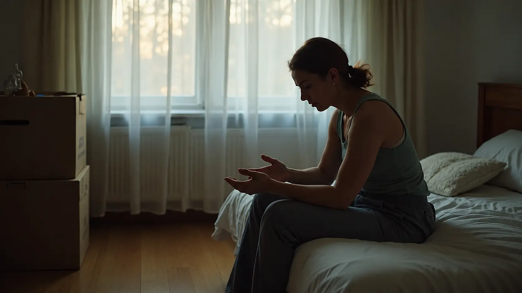 A young woman sits on the edge of a bed in a softly lit bedroom, looking down at her open hands in a quiet moment of reflection. Moving boxes and sheer-curtained windows suggest a recent life transition, while the warm natural light and minimalist surroundings create a calm, introspective atmosphere.