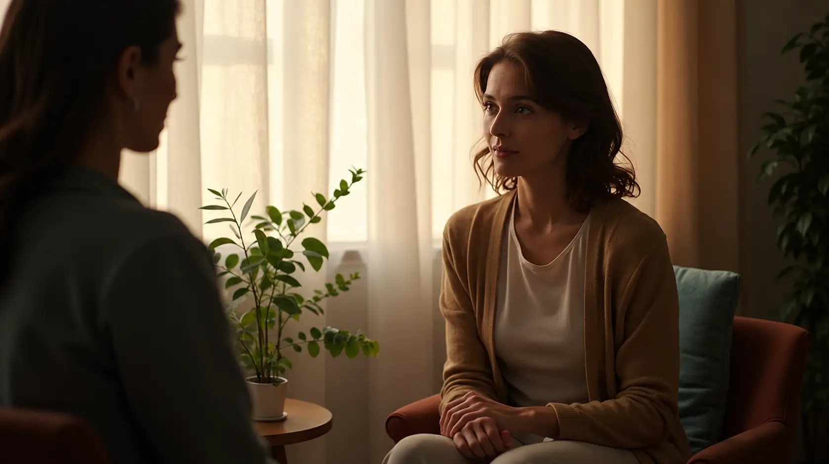 A therapist and client sit facing each other in comfortable chairs during a one-on-one counseling session. Warm natural light filters through sheer curtains, illuminating a cozy room with a small table and potted plant between them. The therapist listens attentively with relaxed, natural hand placement, creating a calm, supportive environment for conversation.