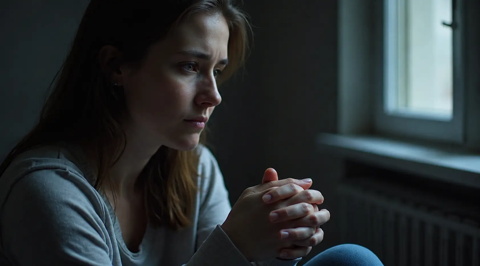 A close-up of a young woman sitting indoors near a window, gazing thoughtfully into the distance with her hands gently clasped in front of her. Soft natural light illuminates her face, while the dim, minimalist room creates a calm and introspective atmosphere that conveys emotional reflection and contemplation.