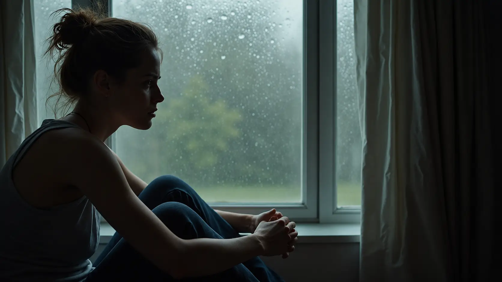 A young woman sits curled up beside a large window on a rainy day, gazing quietly into the distance with her hands gently clasped. Soft natural light filters through the rain-speckled glass, creating a calm, introspective atmosphere that conveys reflection, solitude, and emotional contemplation.