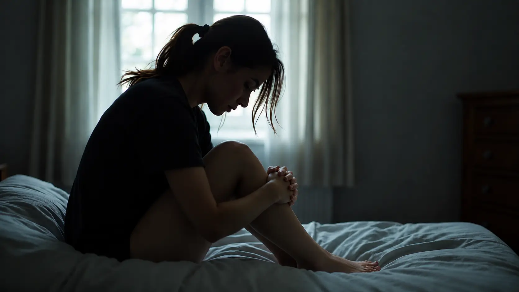 A young woman sits curled up on a bed in a dimly lit bedroom, resting her arms around her knees while gazing downward in quiet contemplation. Soft daylight filters through a window behind her, creating a calm, introspective atmosphere that conveys solitude, emotional reflection, and resilience.