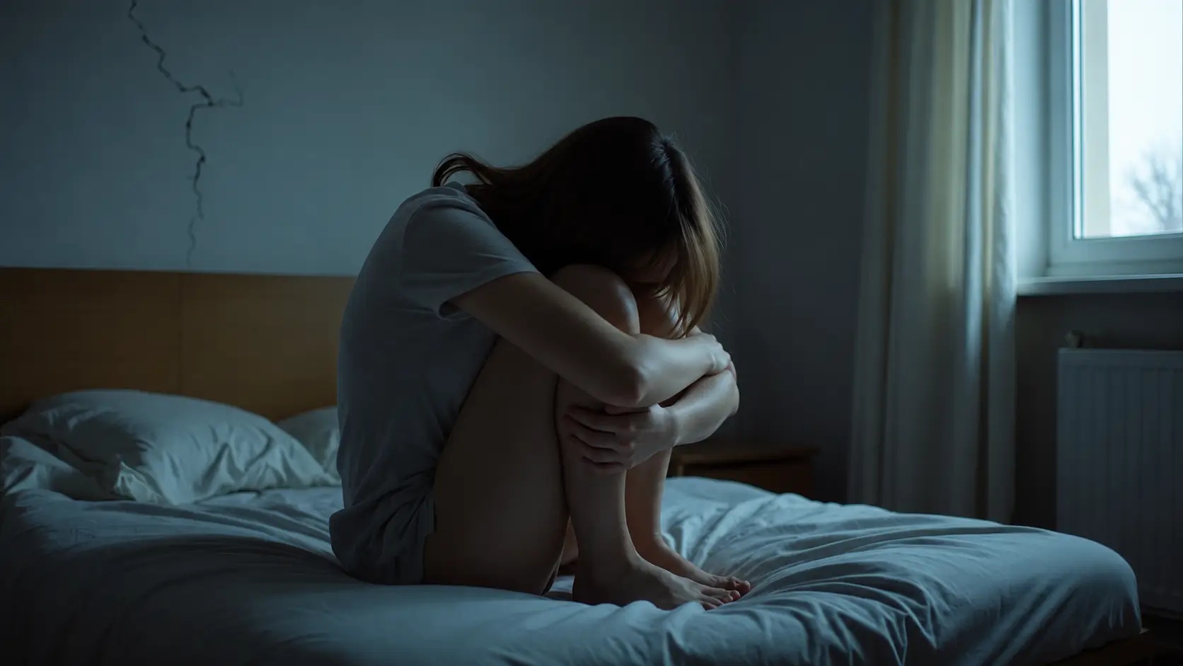 A young woman sits curled up on a bed in a dimly lit bedroom, resting her head on her folded arms wrapped around her knees. Soft daylight filters through a nearby window, creating a quiet, somber atmosphere that conveys emotional distress, loneliness, and introspection without showing graphic or explicit content.