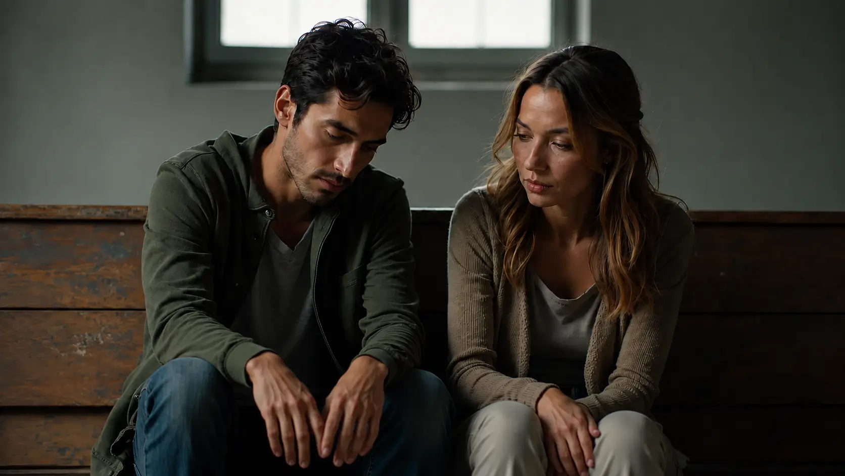 A man and a woman sit side by side on a rustic wooden bench in a softly lit room, both looking downward in quiet reflection. The man rests his hands naturally on his knees, while the woman folds her hands in her lap and glances toward him with a concerned expression. A large window behind them lets in diffused natural light, creating a calm, contemplative atmosphere.