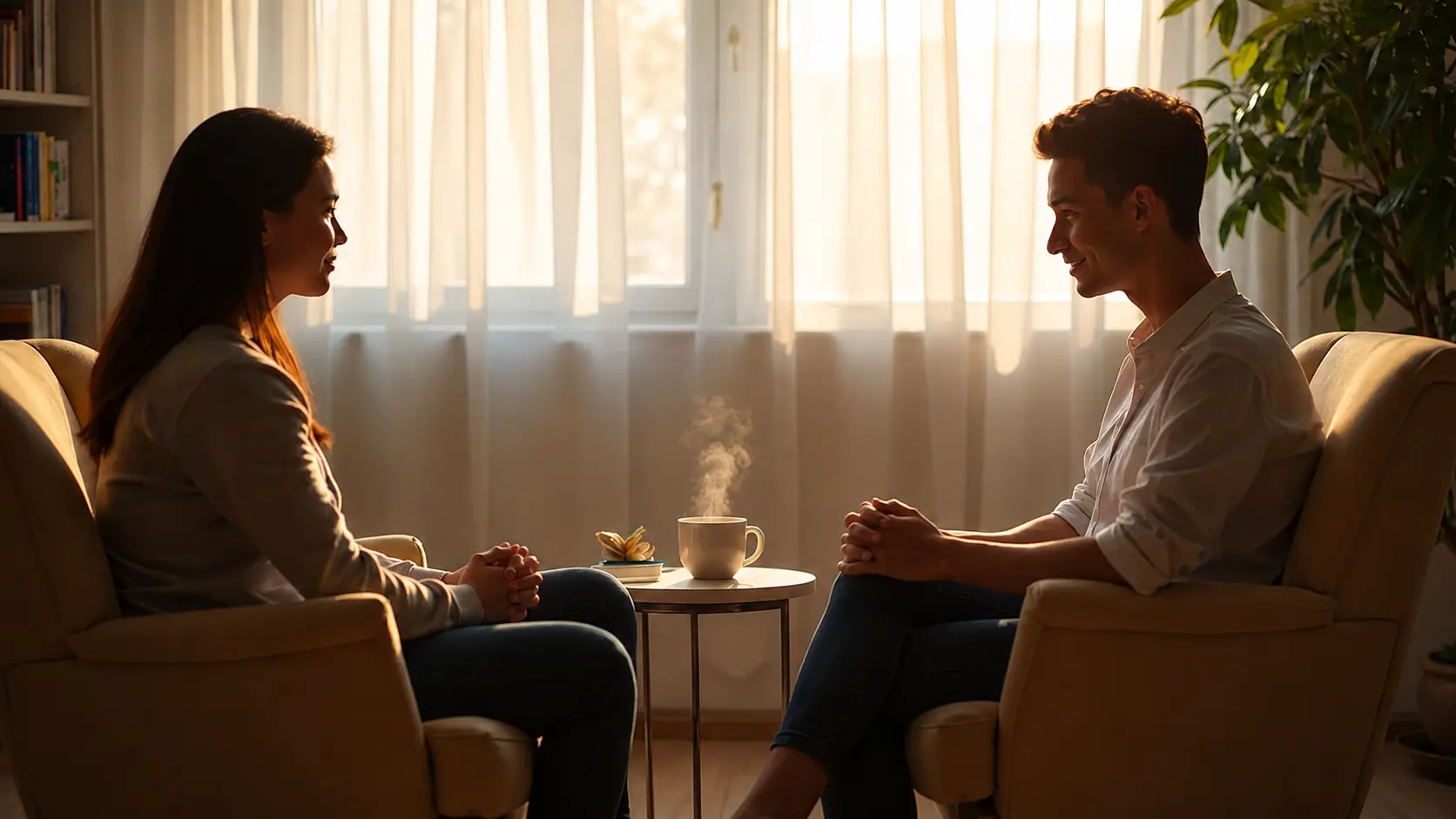 Two people sit facing each other in comfortable armchairs during a calm, supportive conversation. Warm sunlight filters through sheer curtains behind them, illuminating a small table with a steaming cup and a decorative plant. Both individuals have relaxed, natural hand positions, creating a welcoming atmosphere of trust, empathy, and open communication.