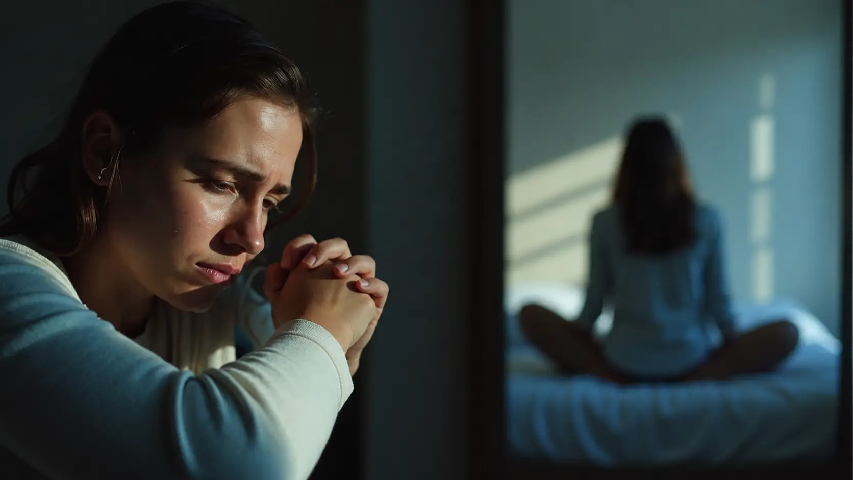 A close-up of a young woman rests her clasped hands near her face as she looks downward with a sad, thoughtful expression. Warm light illuminates her face, while a mirror beside her reflects a blurred figure sitting cross-legged on a bed in a softly lit bedroom. The contrast between the sharp foreground and the out-of-focus reflection creates a quiet, introspective atmosphere.