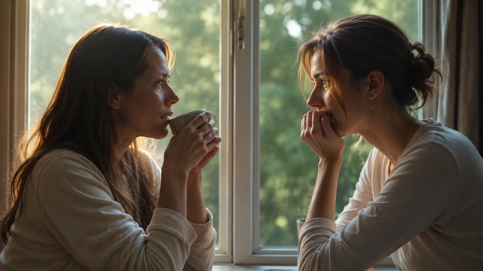 Two women sit facing each other by a sunlit window, engaged in a quiet, meaningful conversation. One holds a small cup of coffee while listening attentively, and the other rests her chin lightly on her hand. Warm golden light and soft-focus greenery outside create a calm, intimate atmosphere that conveys empathy, support, and connection.