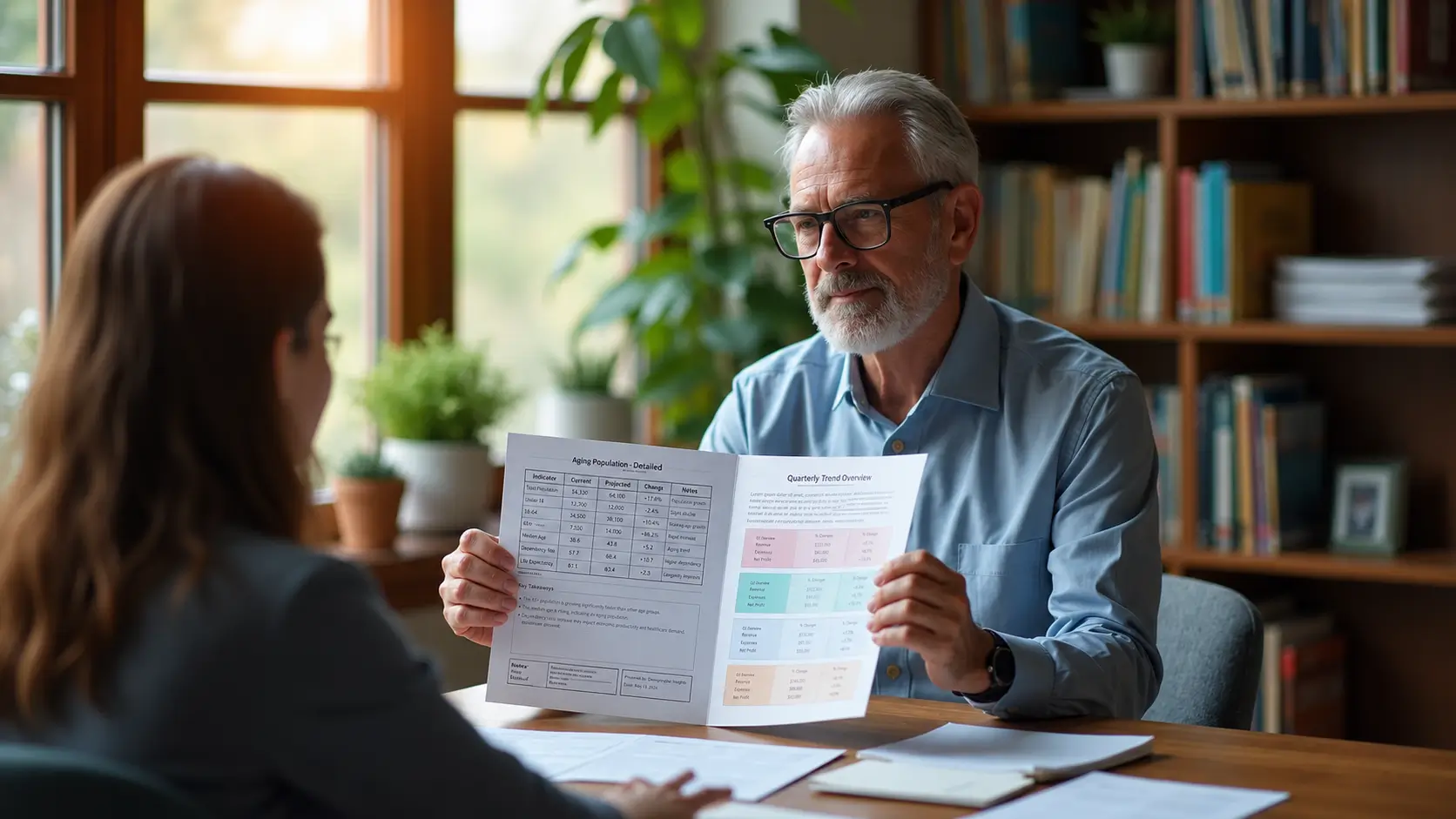An older professional with gray hair and glasses sits across from another person in a bright, modern office, holding up a two-page report while discussing its contents. The office features large sunlit windows, bookshelves filled with books, and several green plants, creating a warm, professional environment. The person seated opposite is viewed from behind, listening attentively as documents rest on the desk between them.