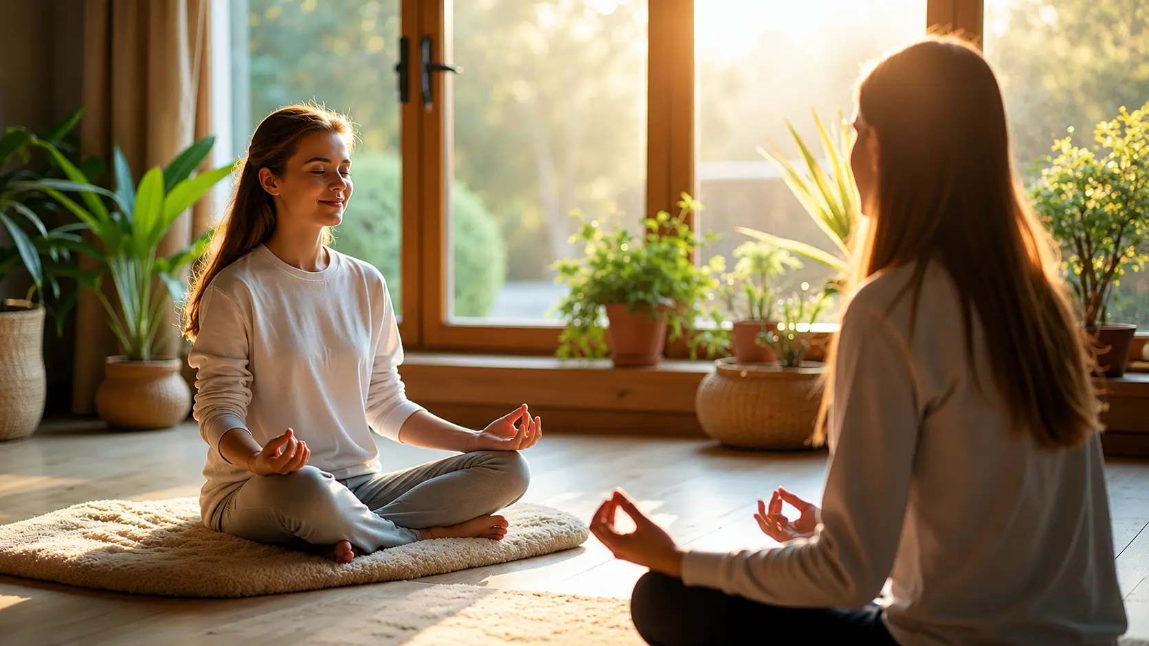 Two women sit cross-legged on floor mats facing each other during a guided meditation session in a bright, peaceful room. Both hold a meditation hand gesture with relaxed, natural fingers, while warm sunlight streams through large windows surrounded by potted plants, creating a calm and tranquil atmosphere.