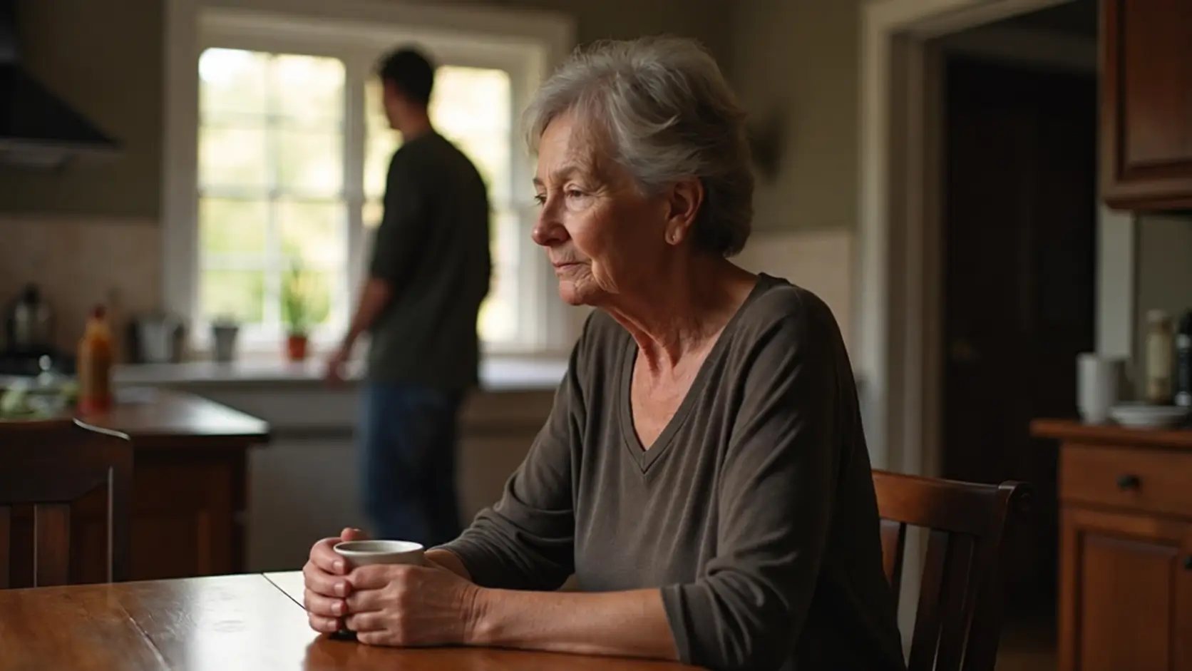 an older woman sitting on a Quiet Morning at the Kitchen Table