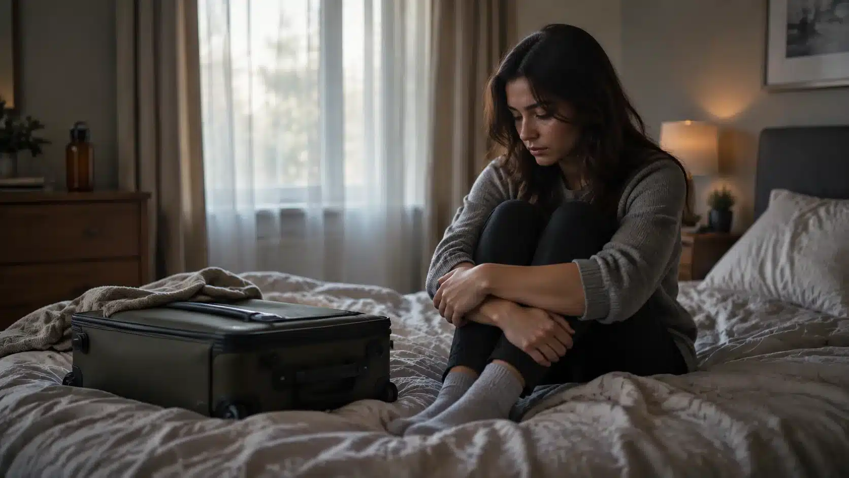 Young woman sitting on an unmade bed with a suitcase nearby in a quiet bedroom with soft daylight