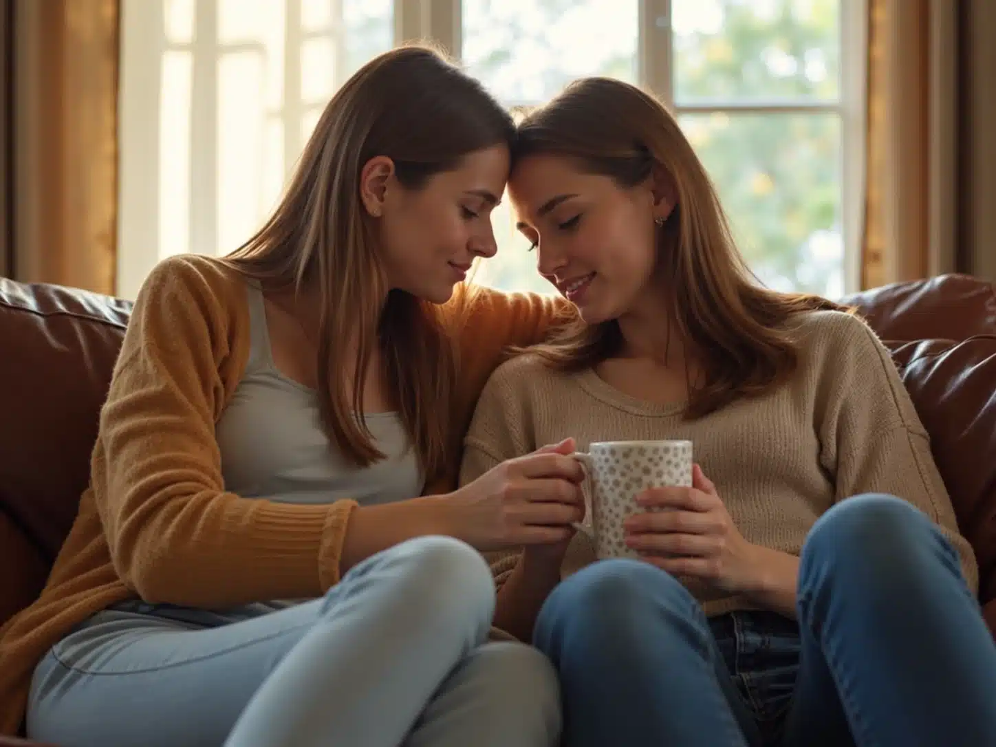 Two young women sitting closely together on a sofa, sharing a warm mug and offering quiet emotional support in soft natural light