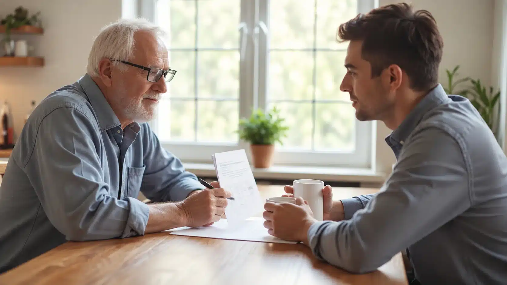 Older man and younger man having a conversation at a table while reviewing documents in a bright indoor setting