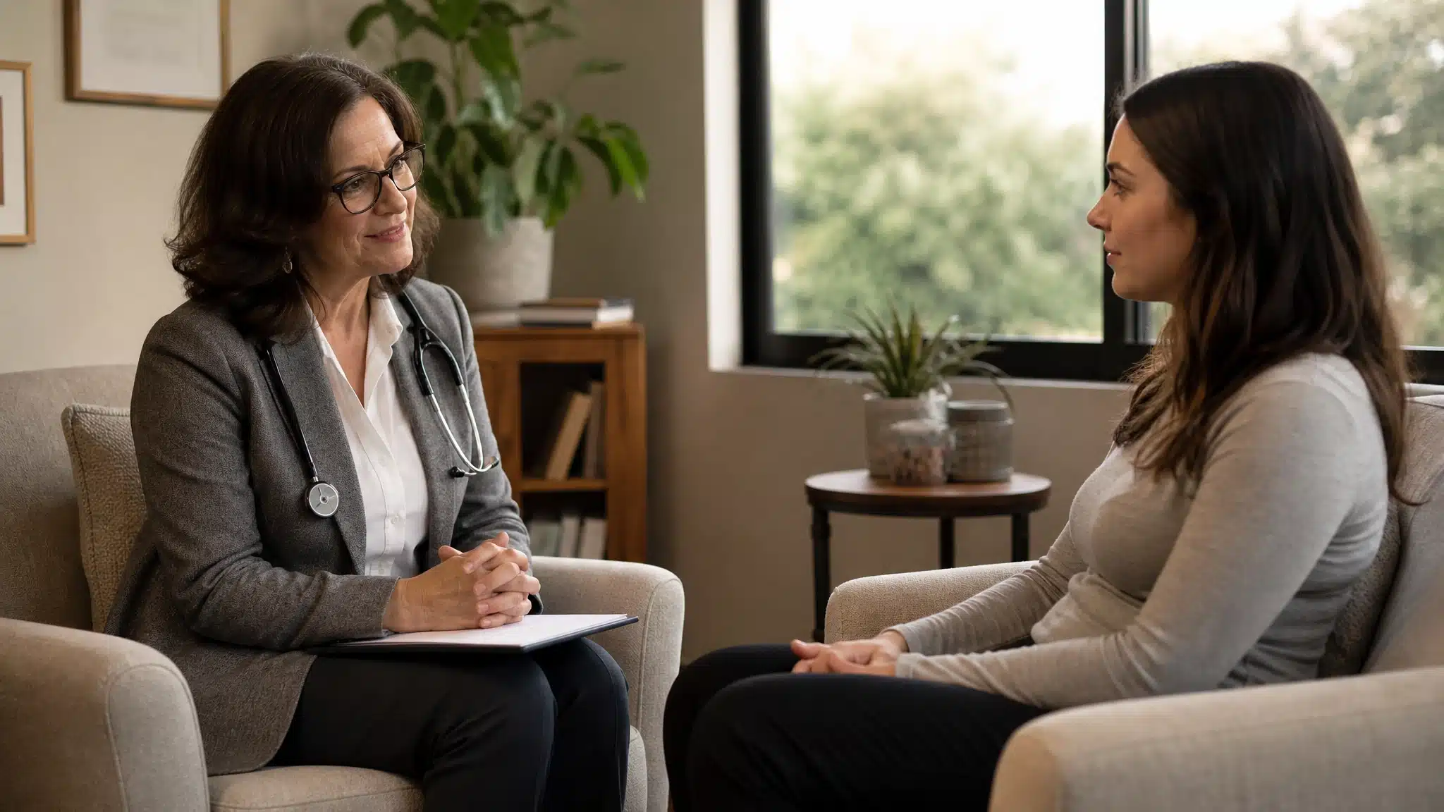 Woman speaking with a healthcare professional during a private counseling session in a comfortable office