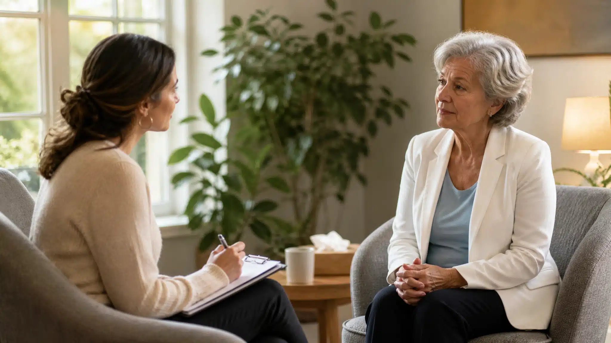 Elderly woman speaking with a counselor during a private counseling session in a comfortable room