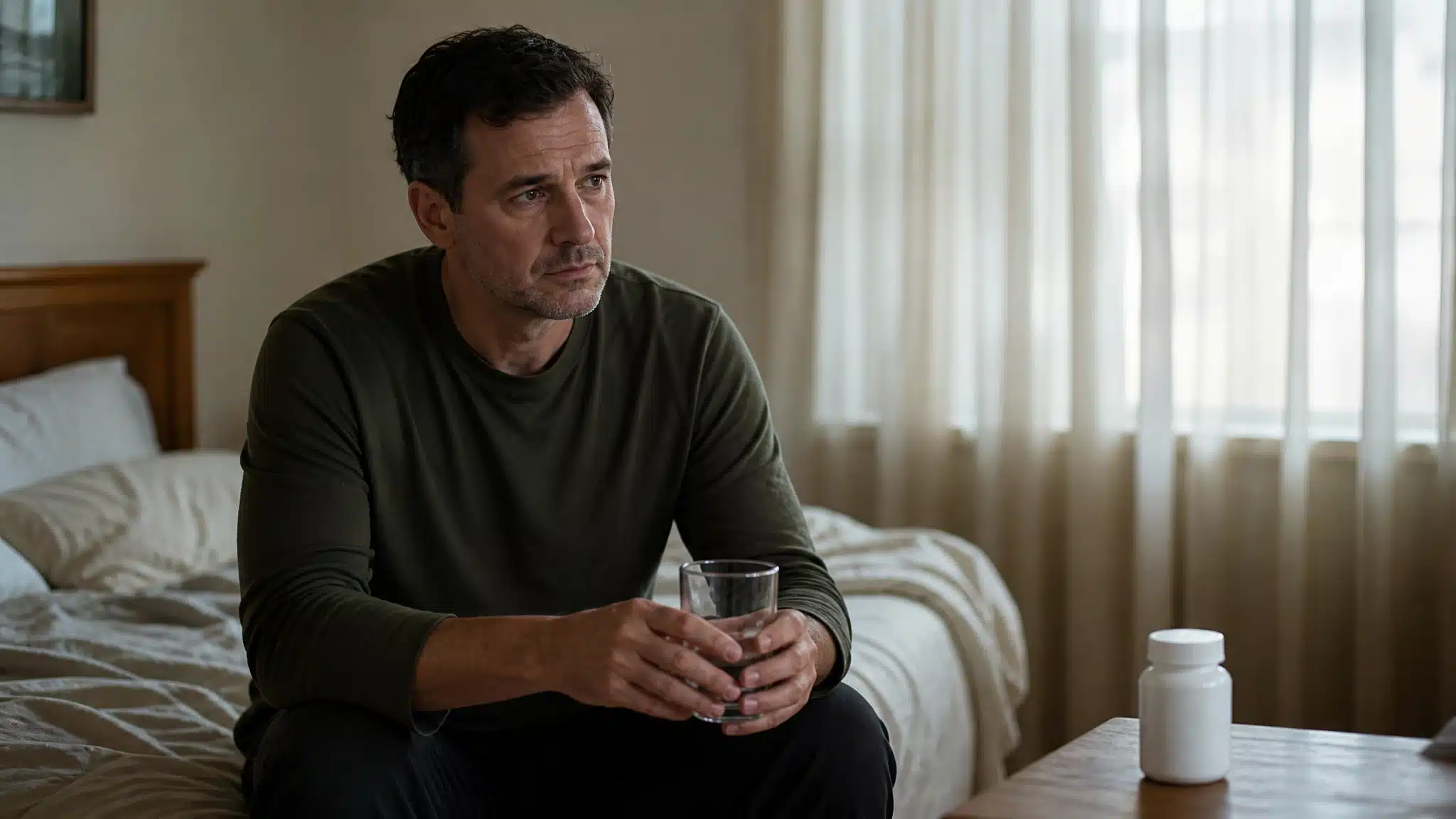 Man sitting on a bed holding a glass of water with a medication bottle nearby
