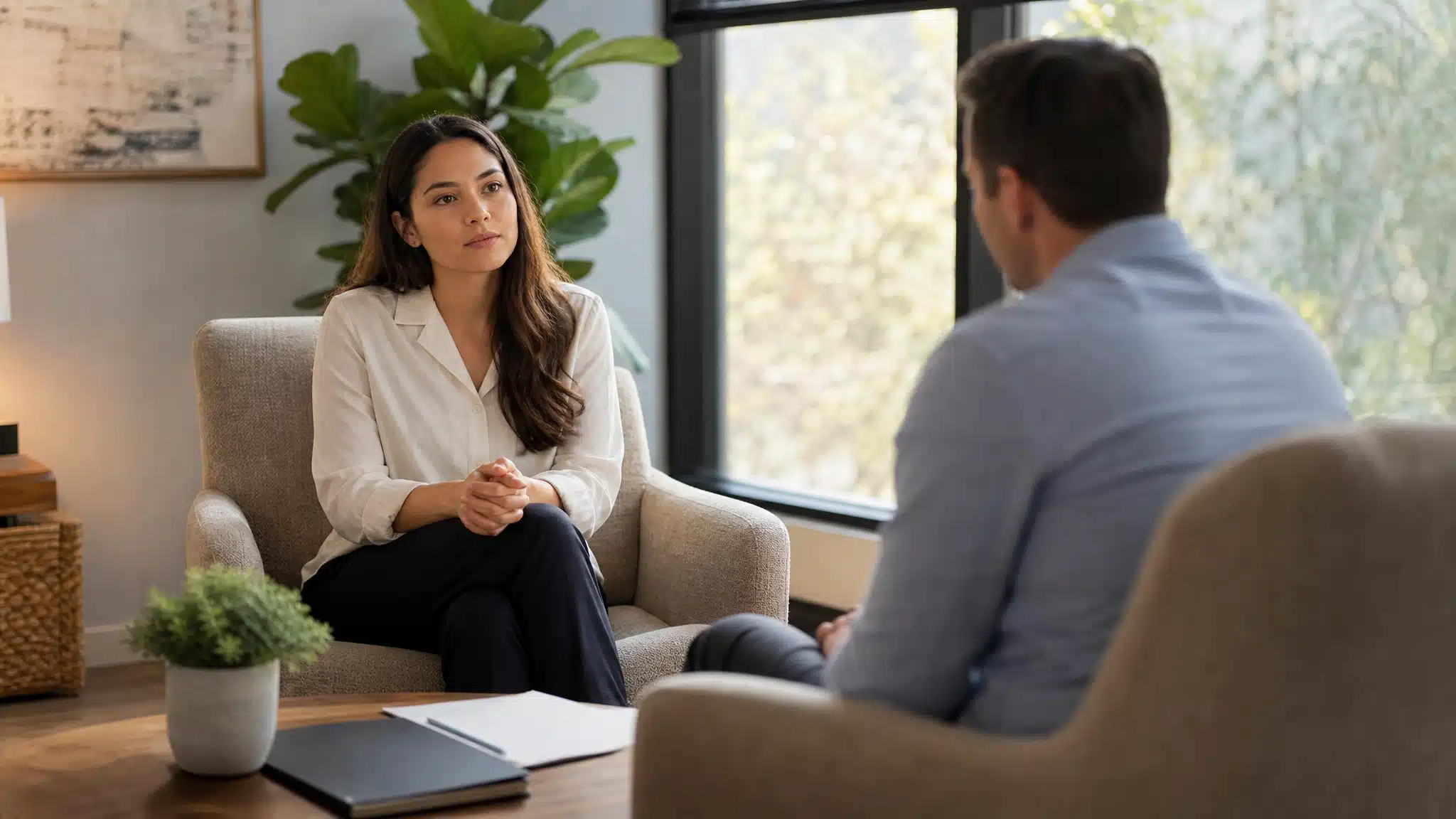 Young woman sitting in a chair during a private counseling conversation with a therapist in a bright, comfortable room