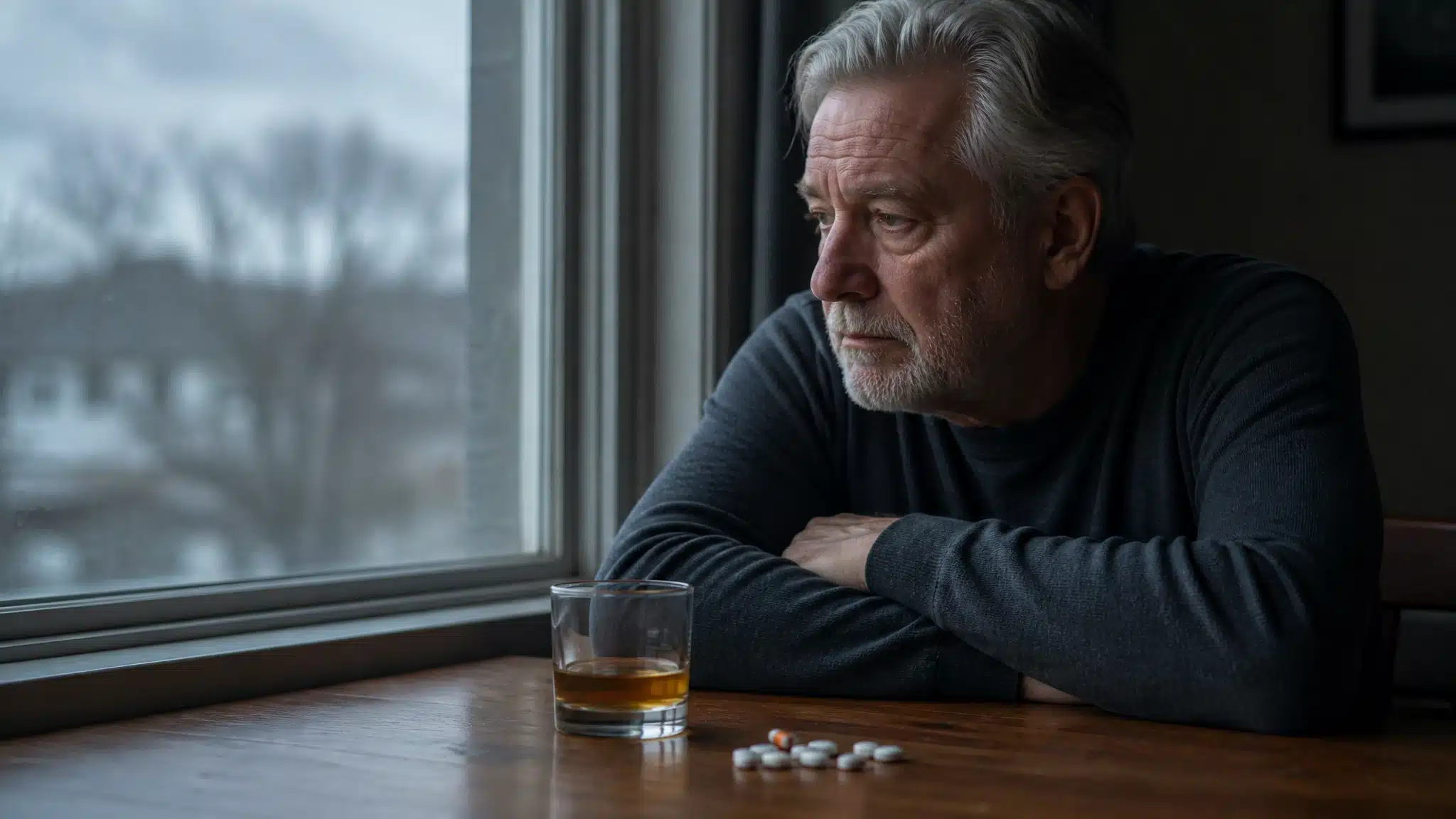 Older man sitting at a table near a window with a glass of alcohol and pills, looking thoughtful in a quiet room