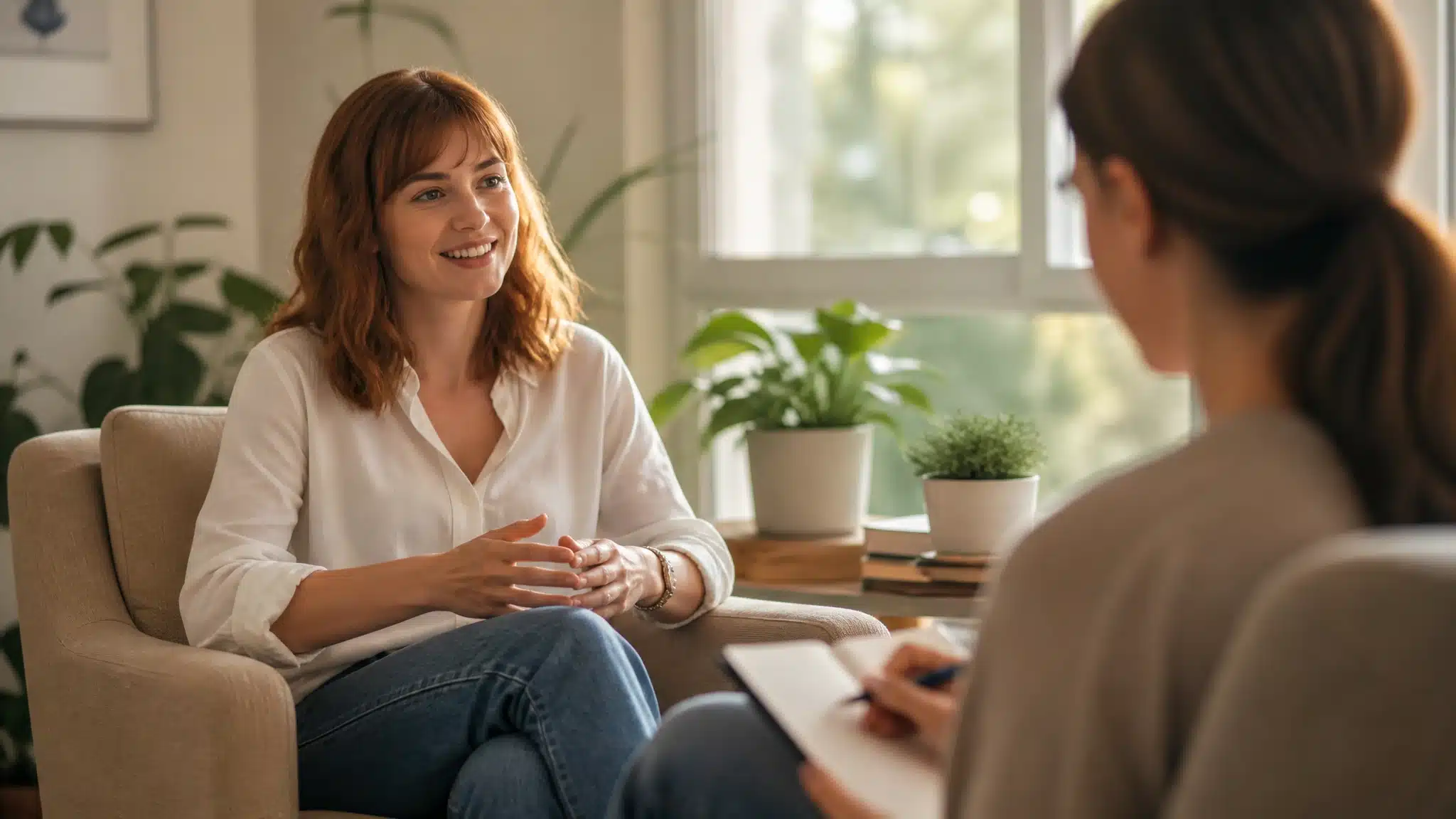 Woman speaking with a therapist during a private counseling session in a bright, comfortable room