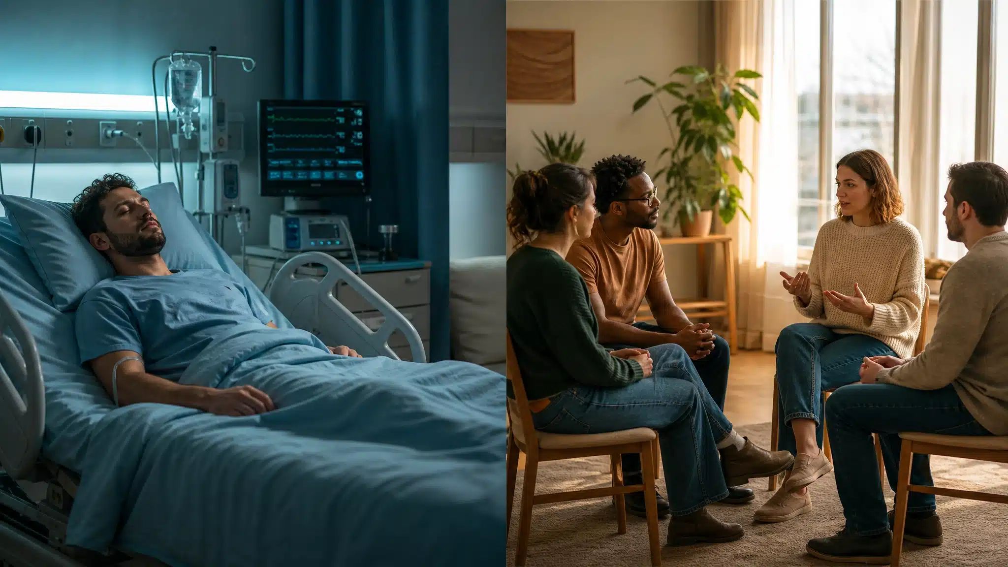 Split scene showing a patient receiving hospital care beside a group therapy discussion