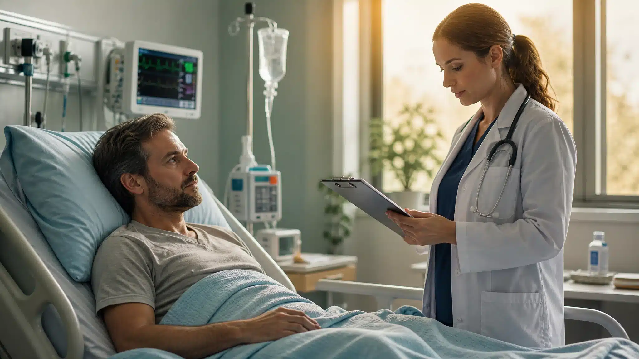 Patient resting in a hospital bed while a doctor reviews information on a clipboard