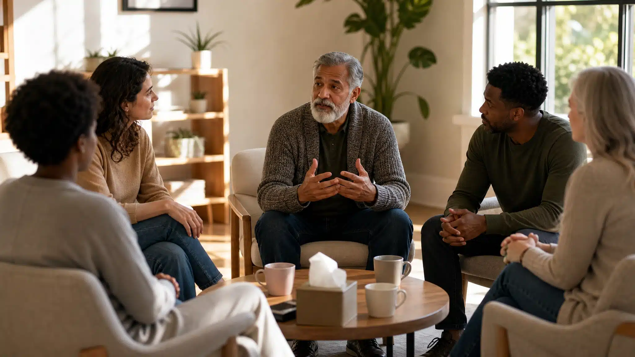 Diverse group of adults sitting together during a supportive group counseling session in a bright, comfortable room