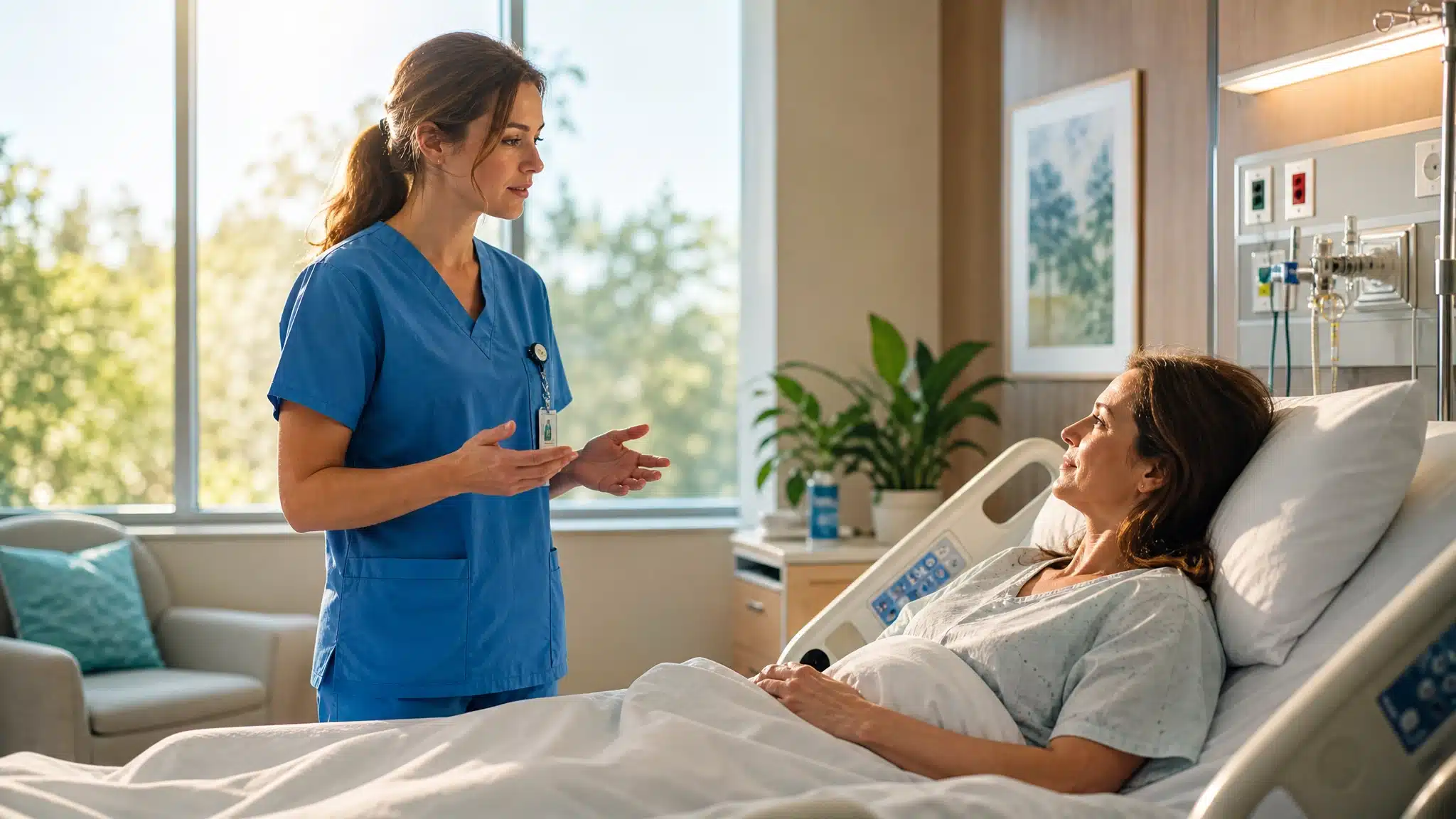 Female patient resting in a hospital bed while a nurse explains information during a bedside conversation