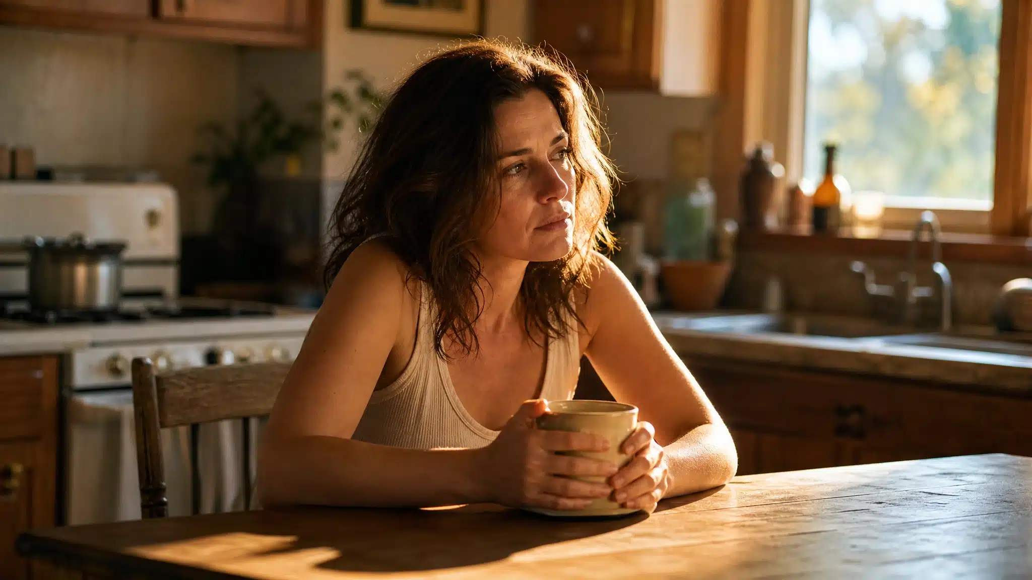 Thoughtful woman holding a mug while sitting alone at a wooden kitchen table in warm afternoon sunlight.