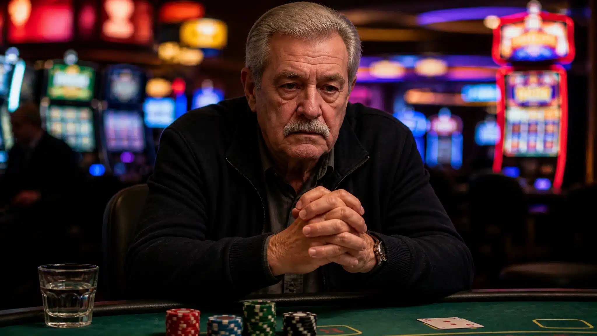 Older man sitting at a casino table with poker chips and a thoughtful expression in a gambling environment