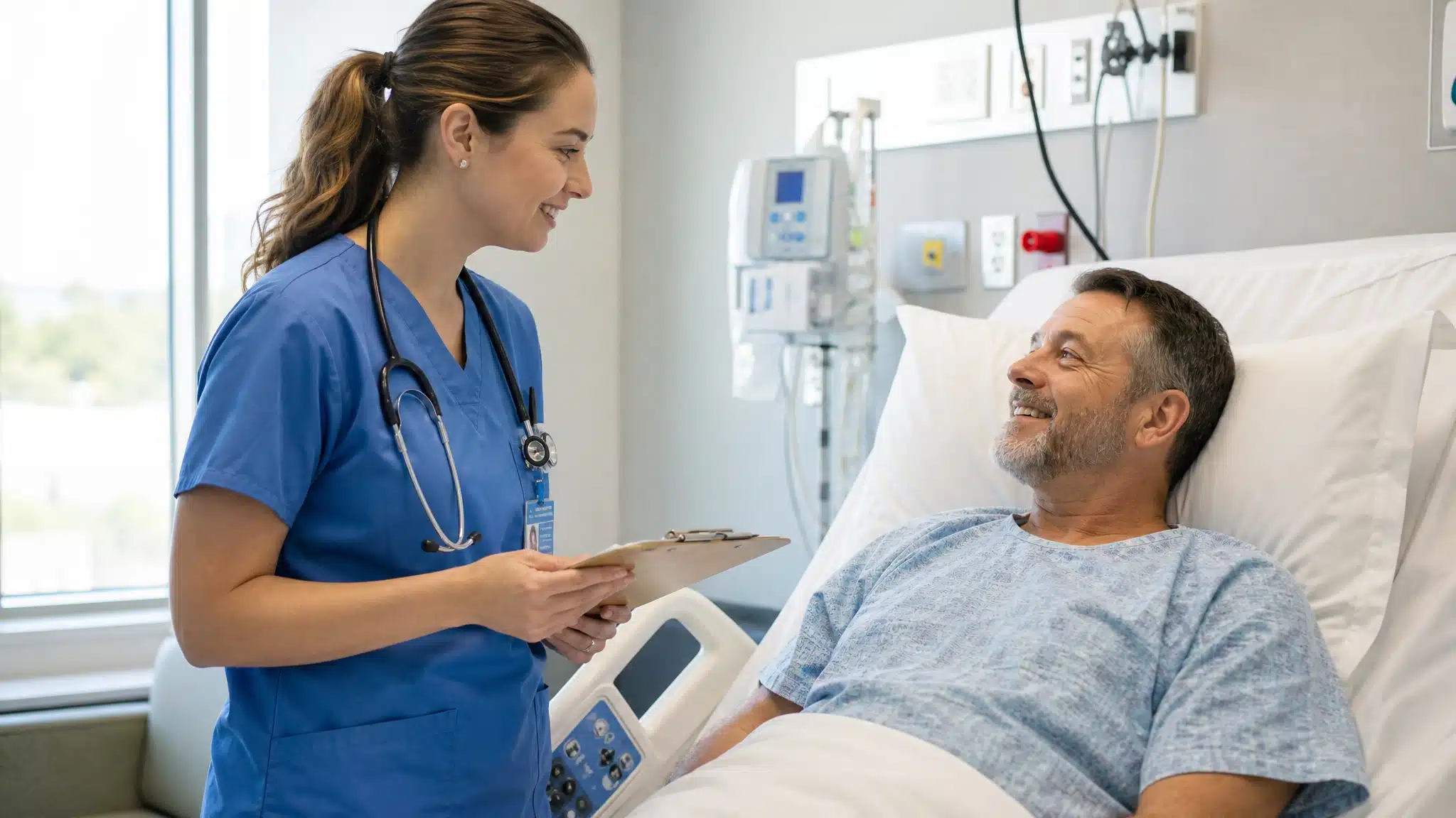 Nurse in blue scrubs speaking with a male patient resting in a hospital bed