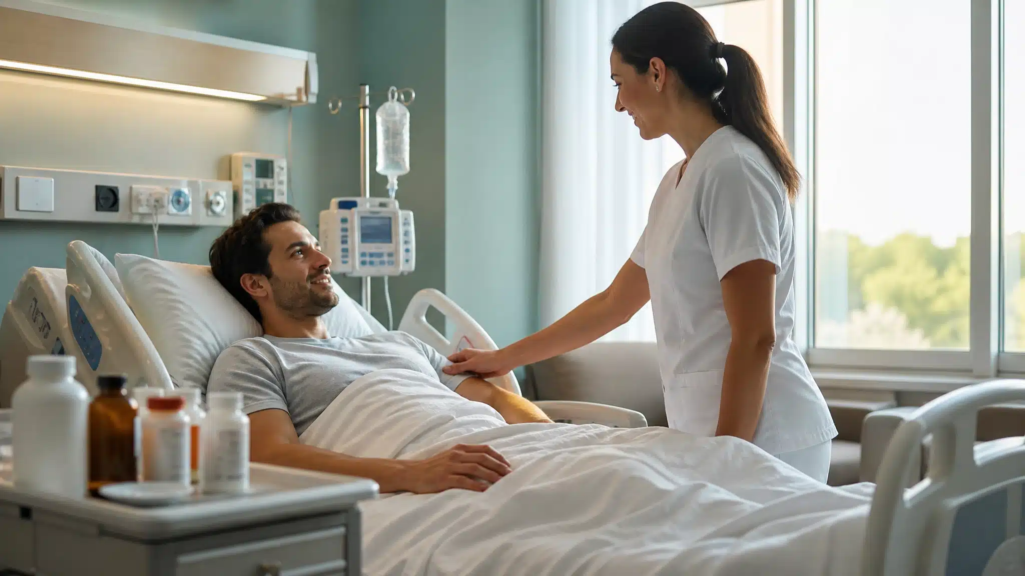 Male patient resting in a hospital bed while a nurse checks on him in a bright medical room