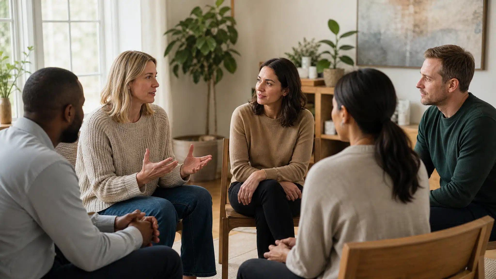 Five adults seated in a circle during a supportive group counseling session, with one woman speaking while the others listen attentively in a bright, welcoming room.