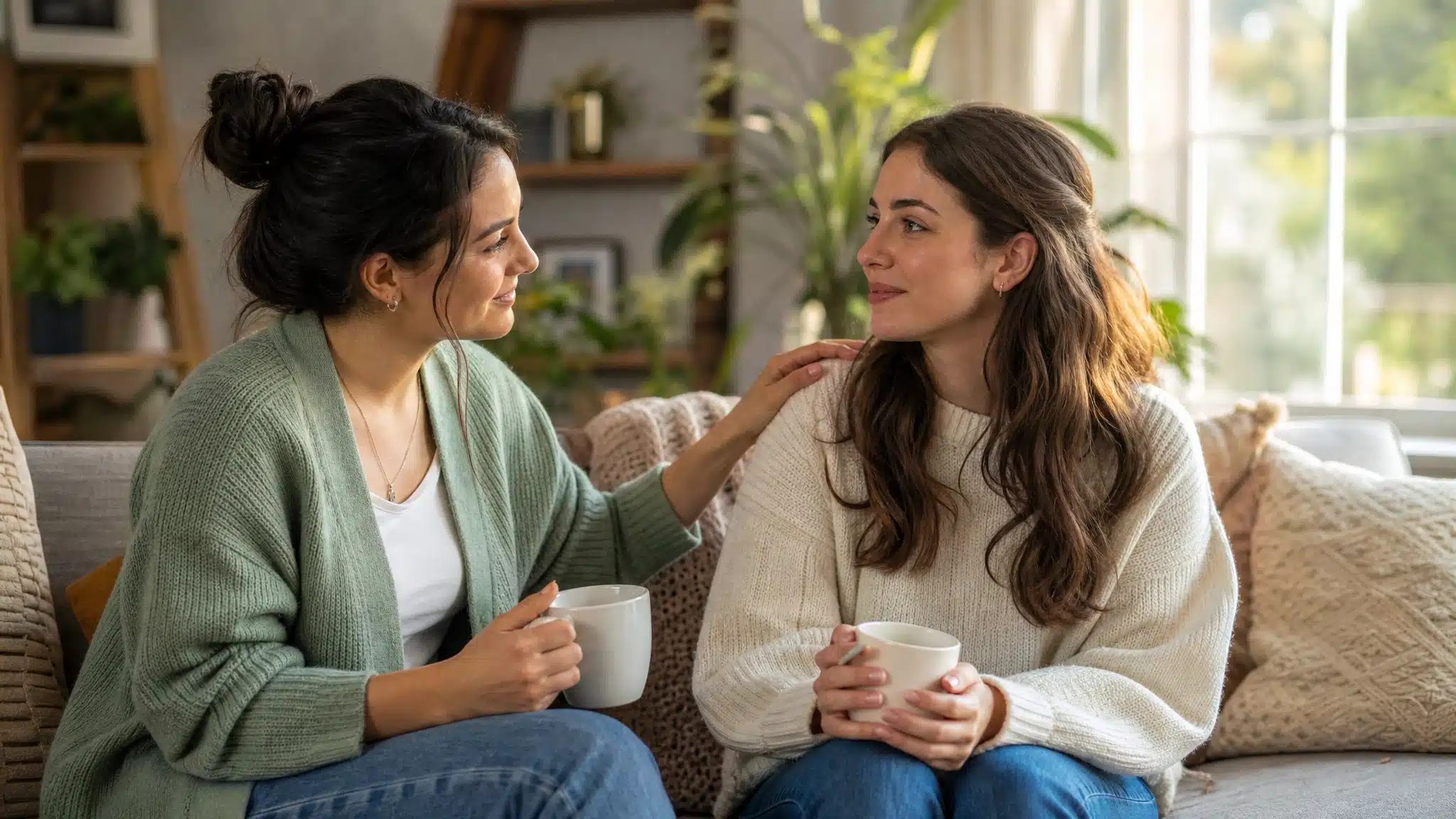Two women sitting together on a sofa sharing a supportive conversation while holding cups in a bright, cozy living room