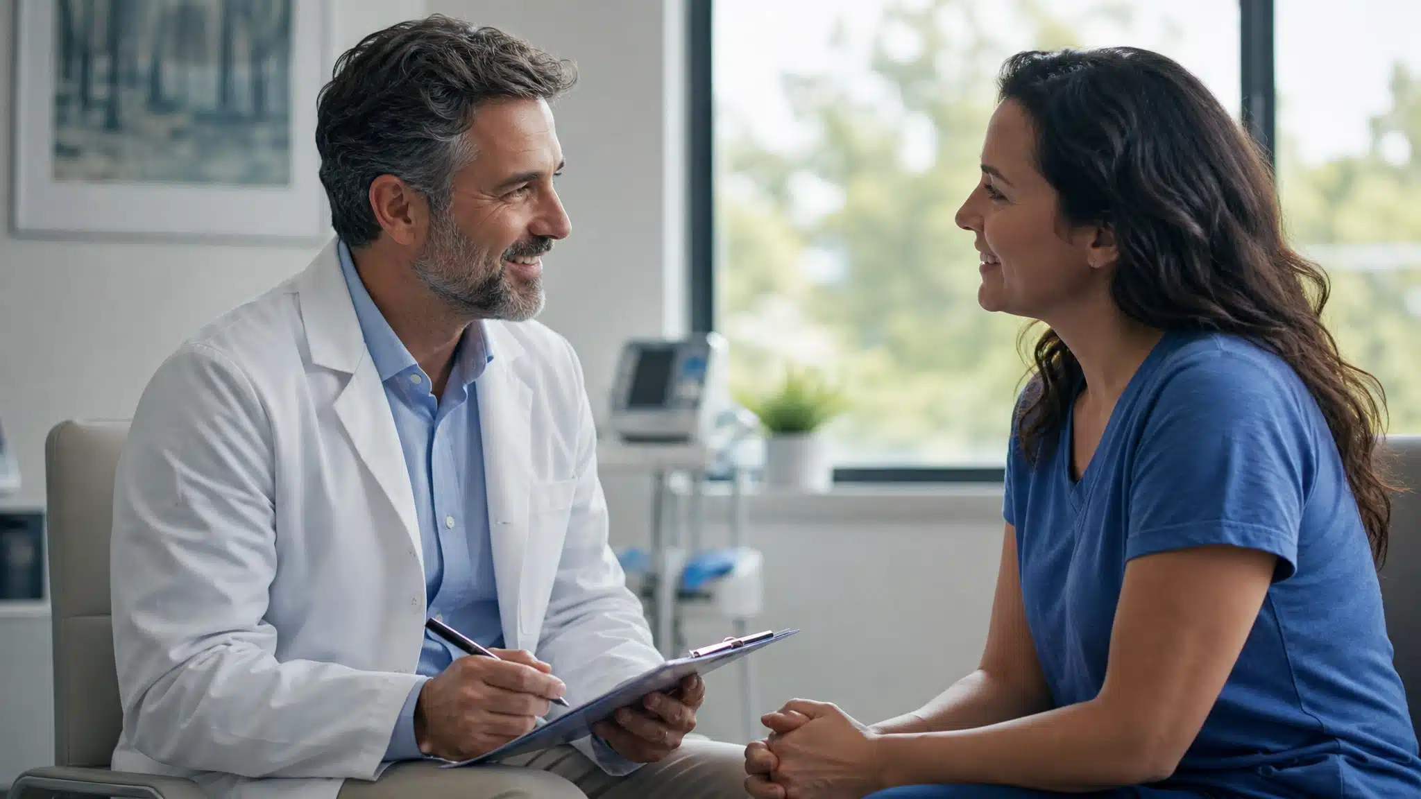 Male doctor holding a clipboard while speaking with an adult female patient during a friendly medical consultation in a bright clinic.