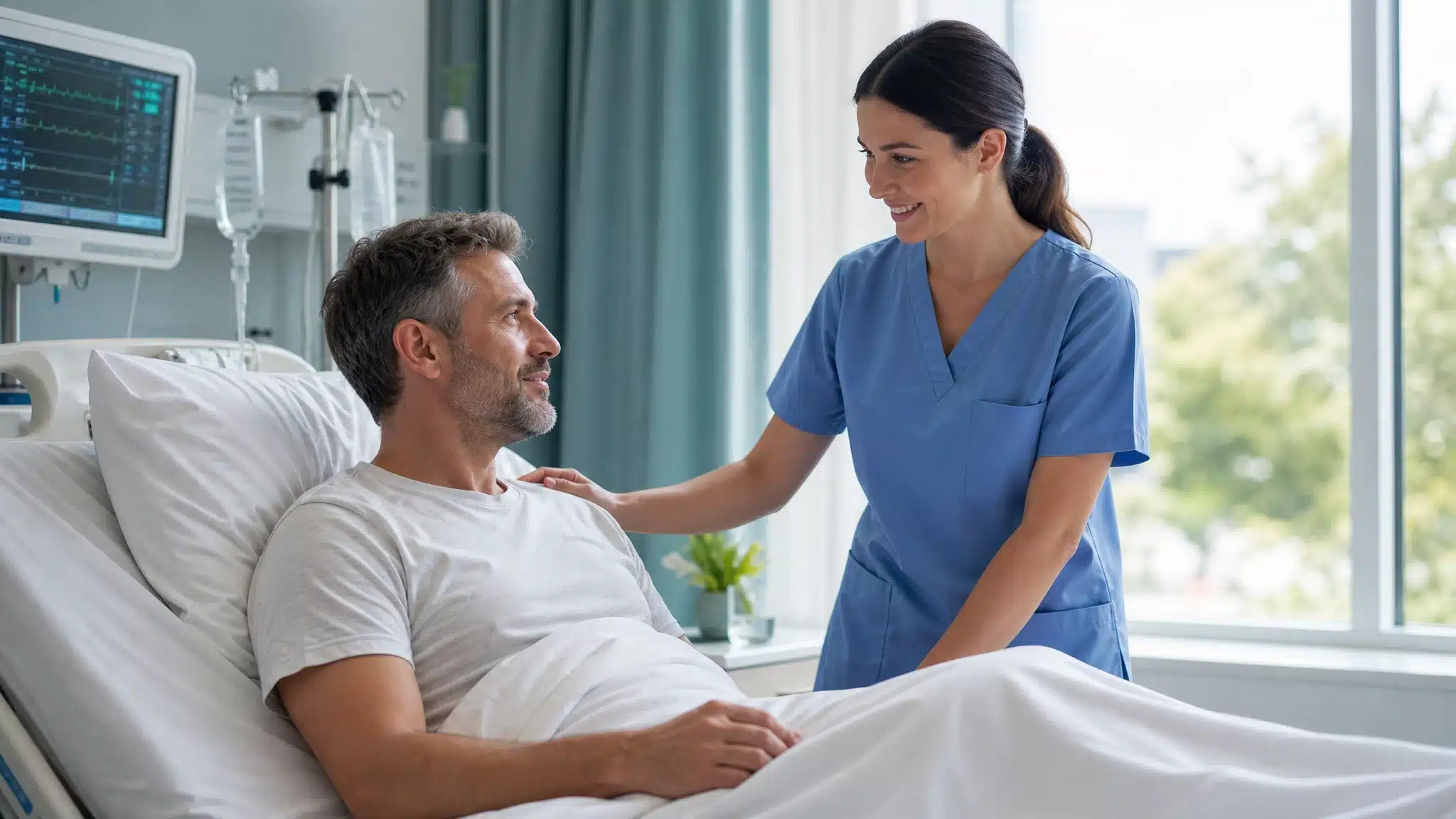 Man resting in a hospital bed while a nurse checks on him in a bright medical room