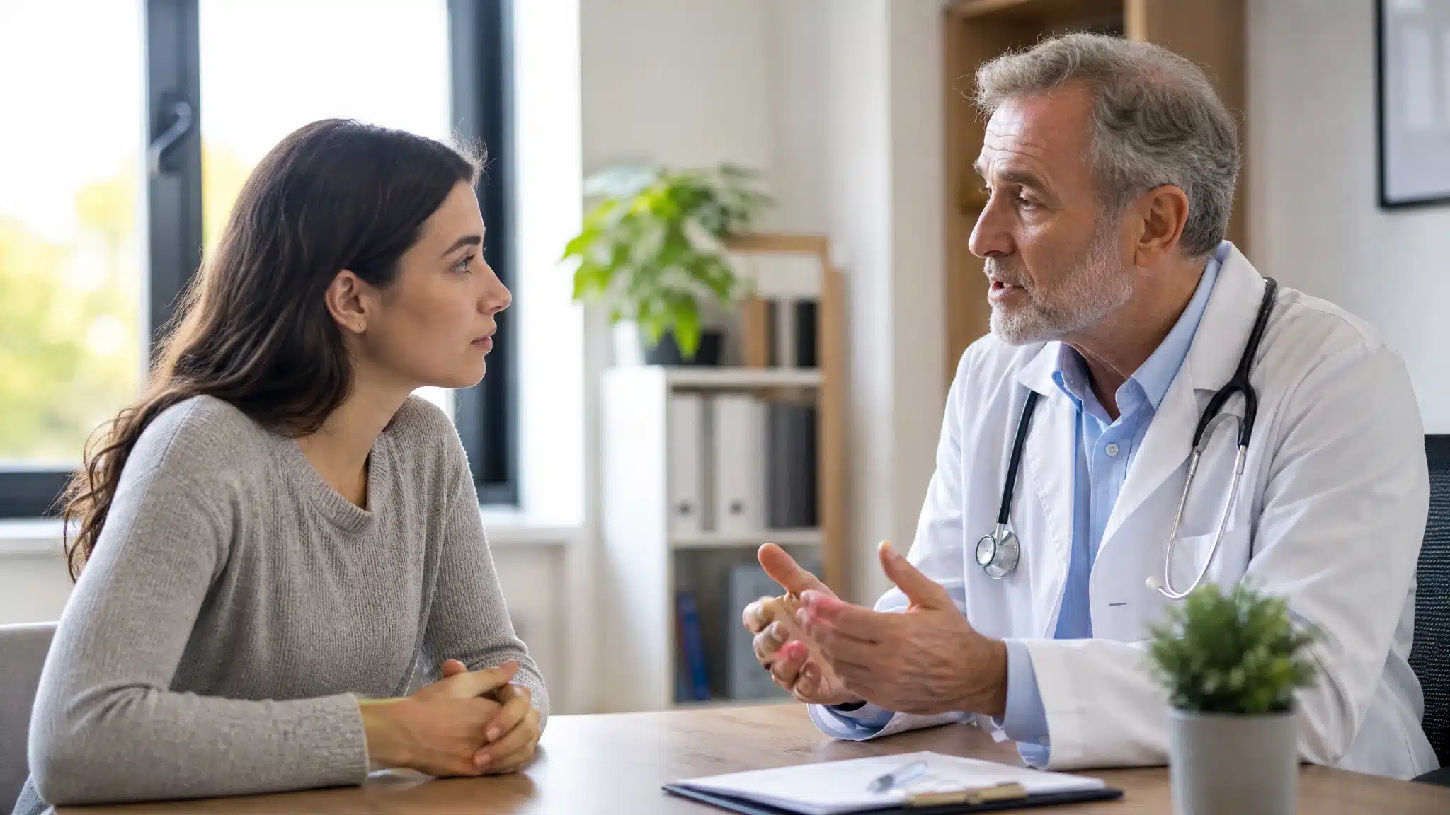 Woman speaking with a doctor during a private medical consultation at a desk