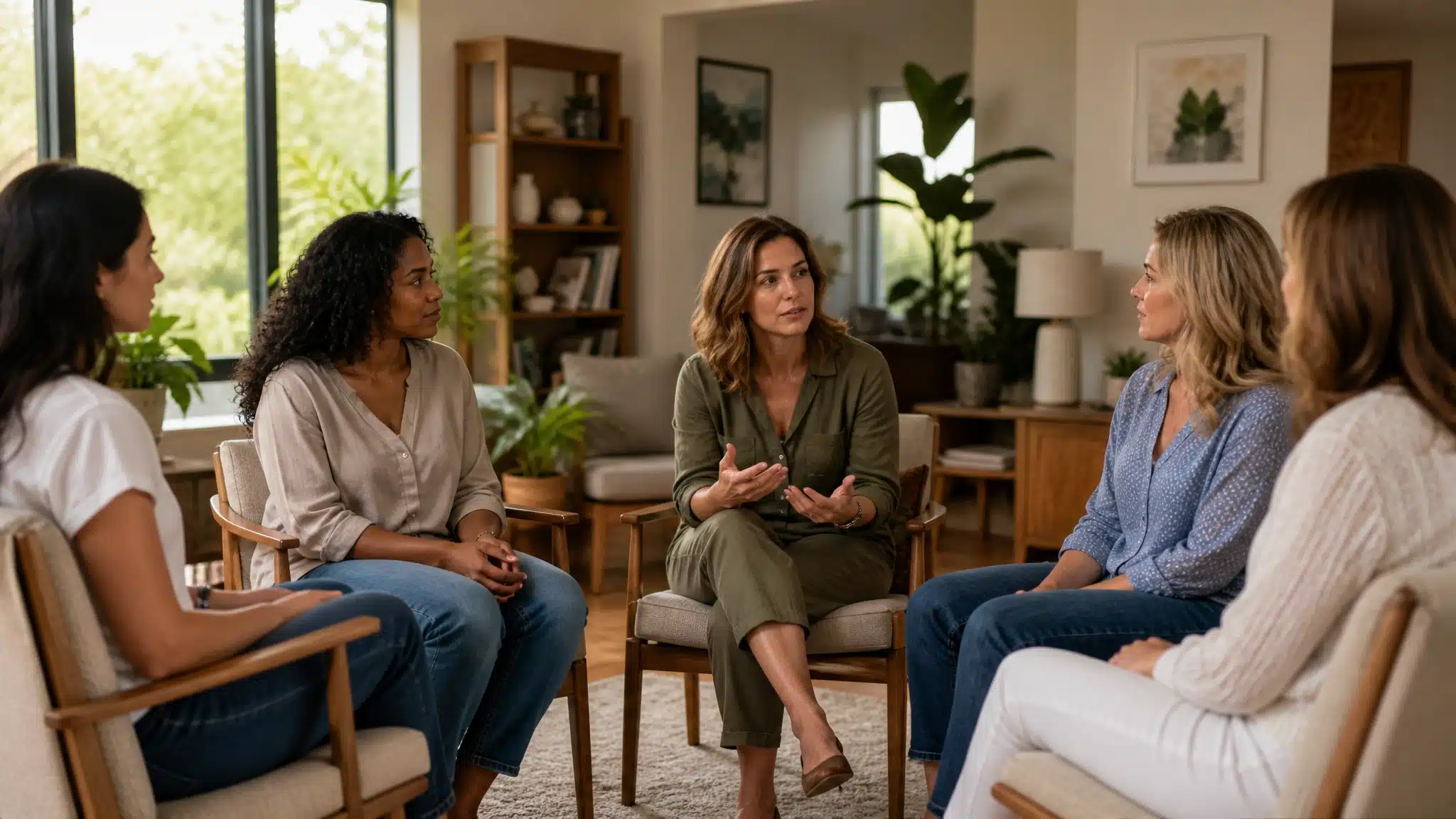 Diverse group of women sitting in a circle during a supportive group counseling session