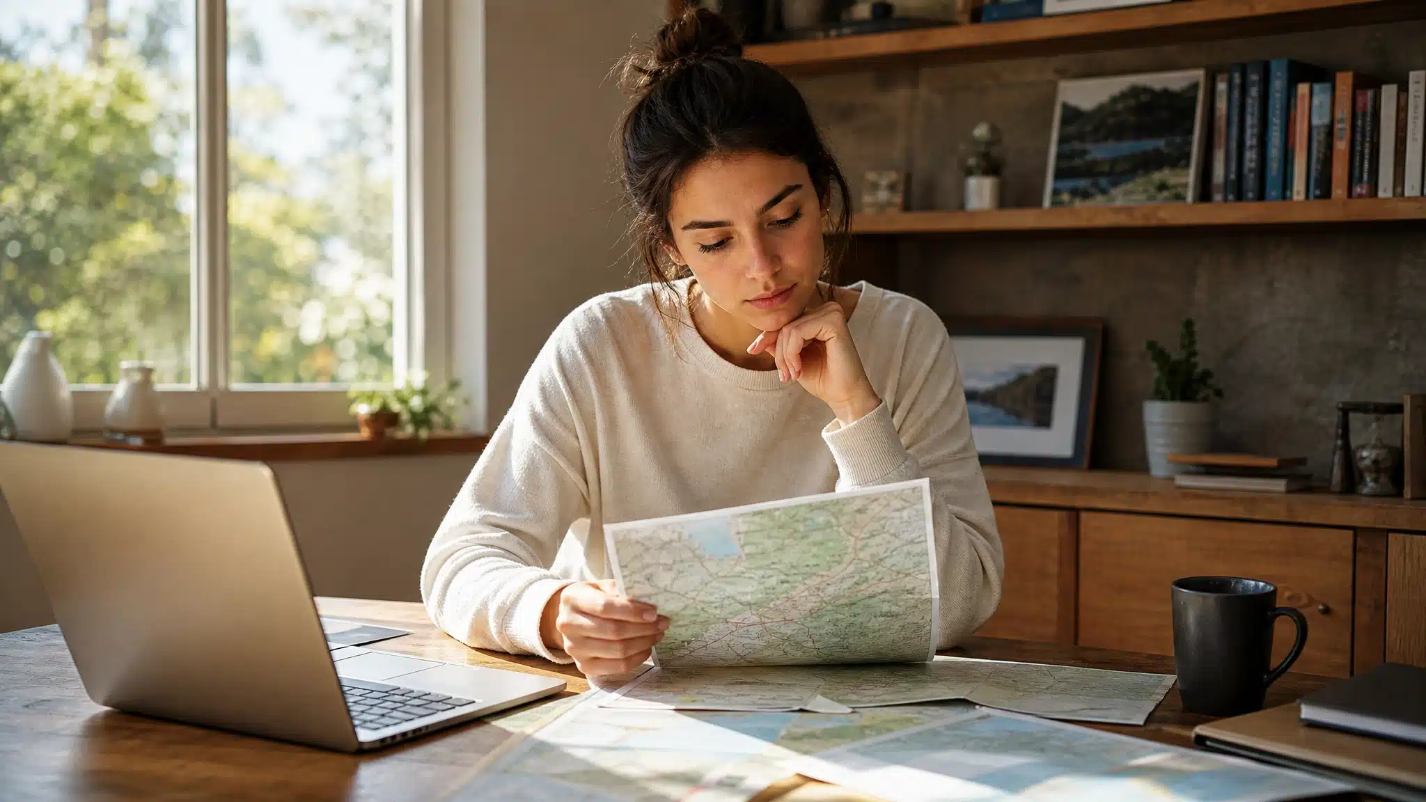 Young woman studying a map at a table with a laptop in a bright home office