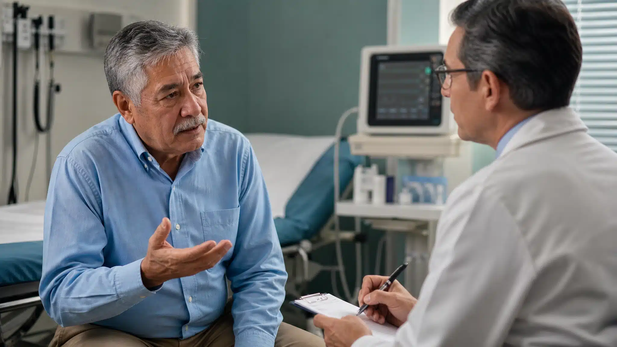 Older man discussing his concerns with a doctor during a consultation in a hospital room