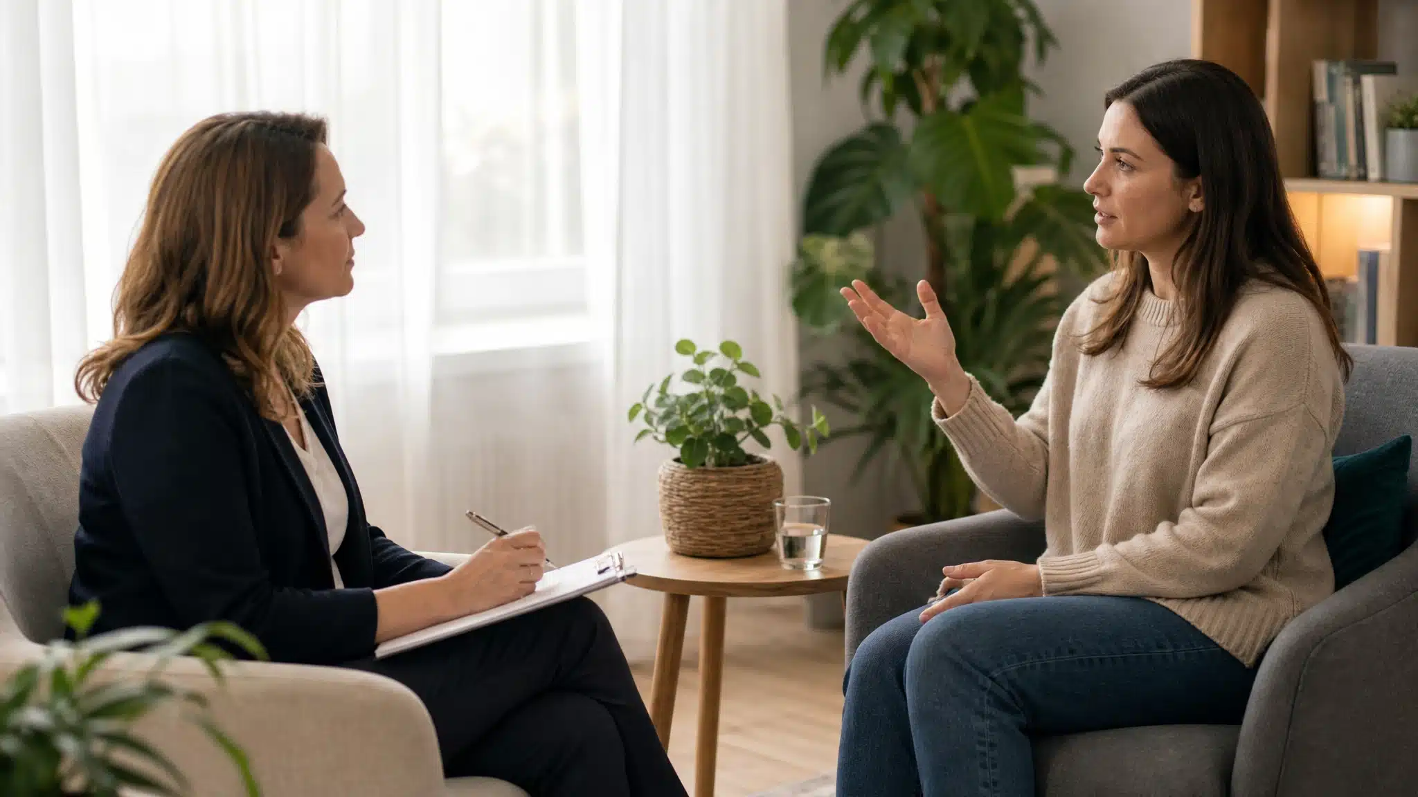 Woman speaking with a therapist during a private counseling session in a bright, comfortable room