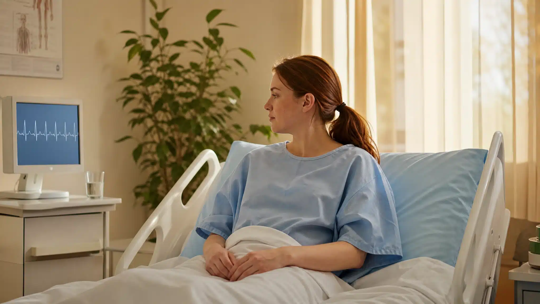 Young woman resting in a hospital bed while looking toward a heart monitor in a bright medical room