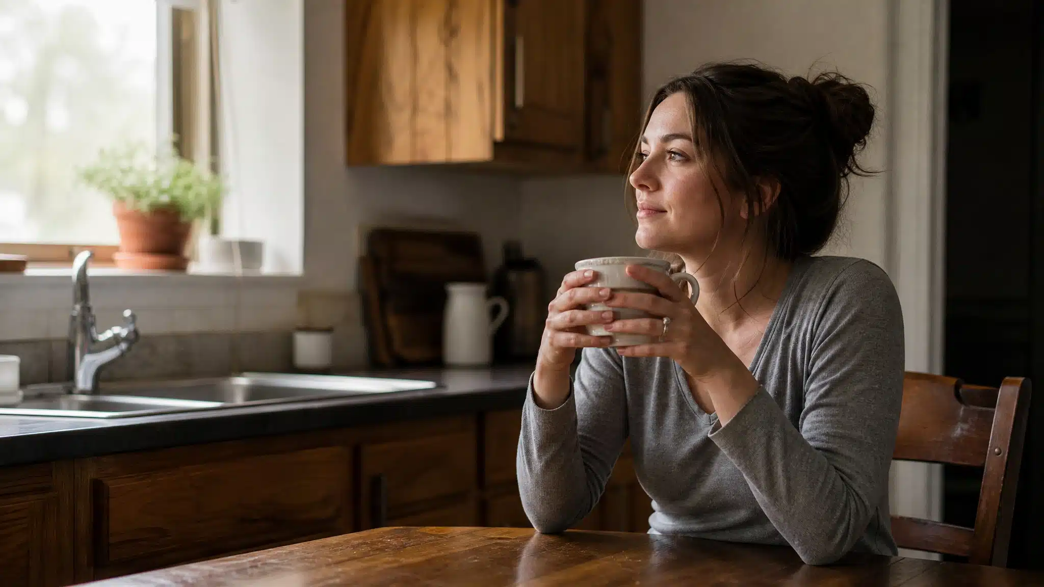 Woman sitting at a kitchen table holding a cup of coffee and looking thoughtfully toward a window