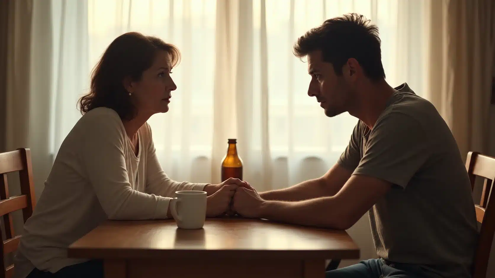 Middle-aged woman and younger man sitting across from each other at a table, holding hands during a serious and supportive conversation
