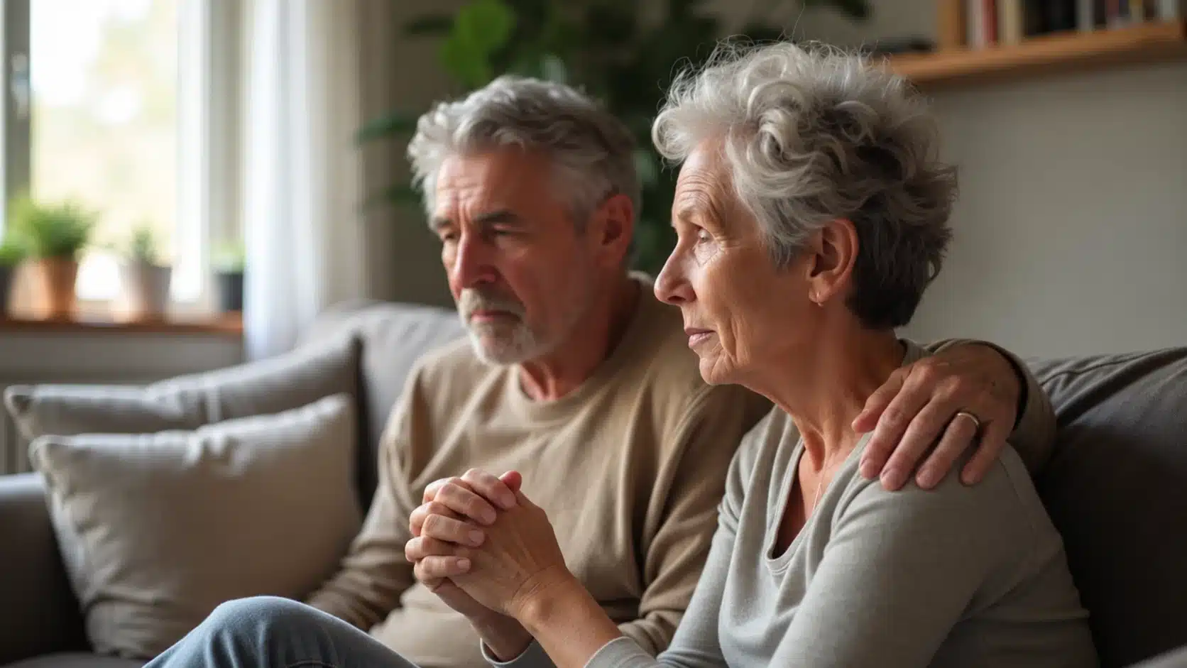 Older couple sitting closely together on a sofa, with the man resting his hand on the woman’s shoulder in a quiet moment of emotional support.