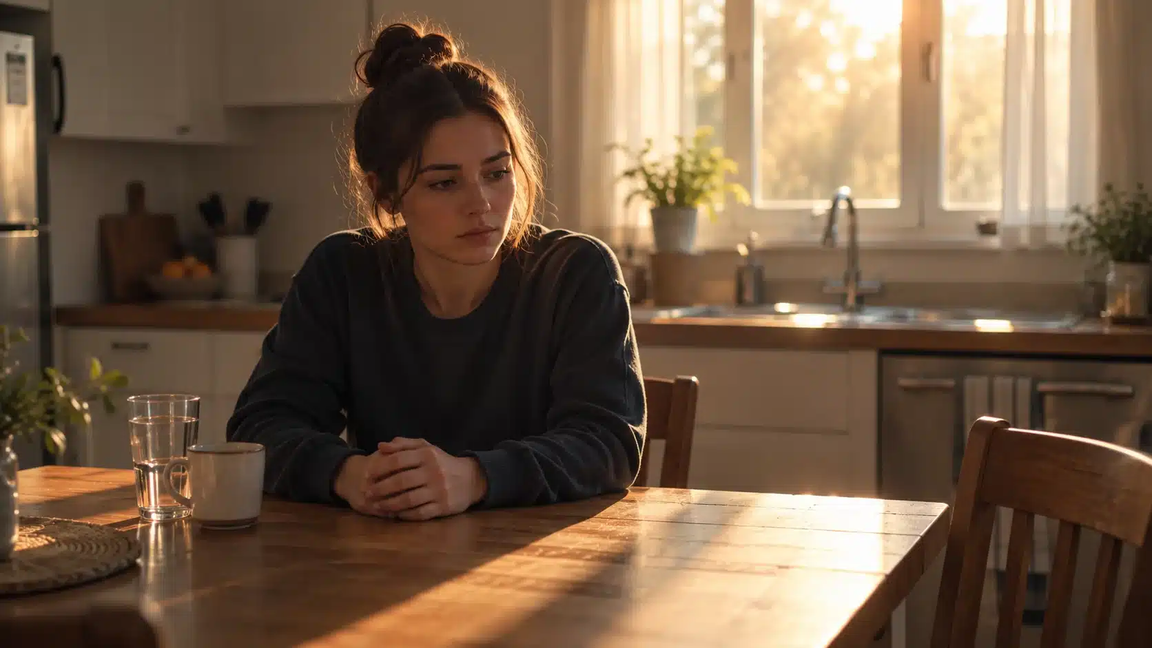 Young woman sitting alone at a kitchen table with clasped hands and a thoughtful expression