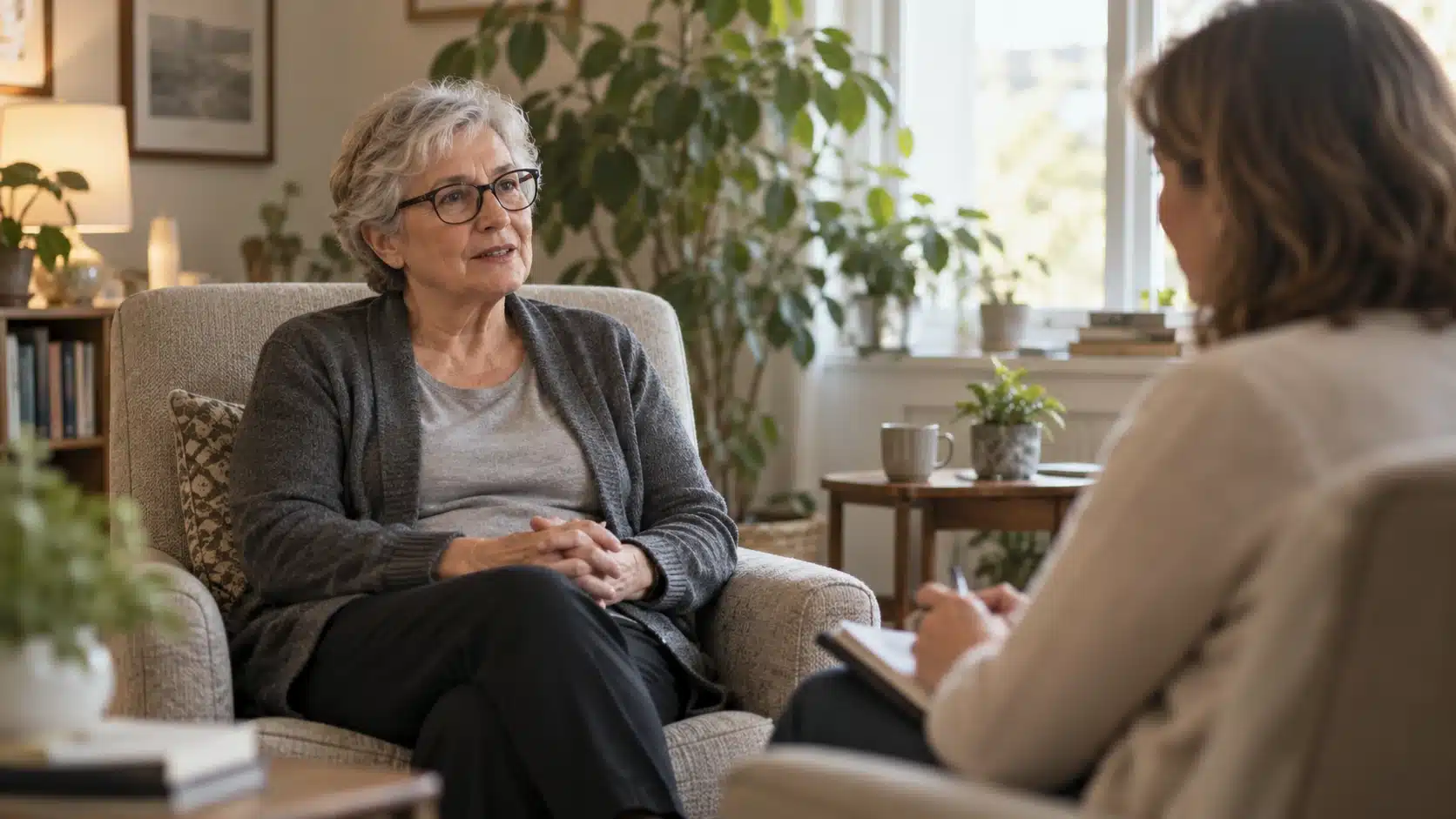 Older woman with gray hair and glasses speaking with a female therapist during a private counseling session in a warm, plant-filled room