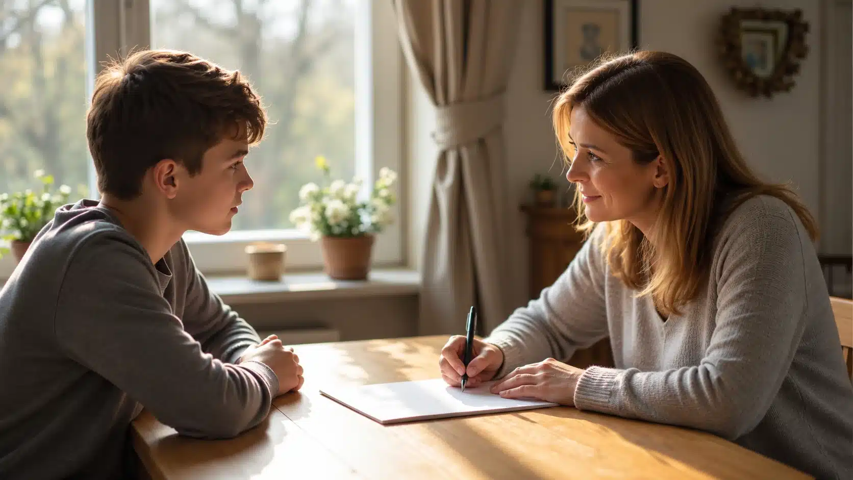 Woman speaking with a teenage boy at a table while writing notes during a calm, supportive conversation at home