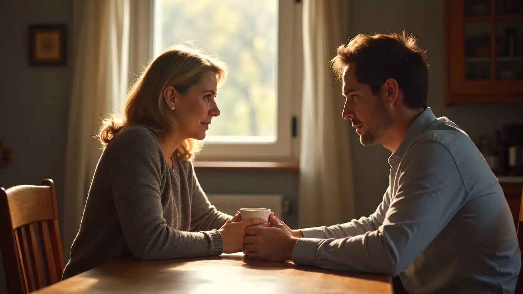 Woman and man sitting across from each other at a kitchen table, holding a mug together during a serious conversation in warm natural light.